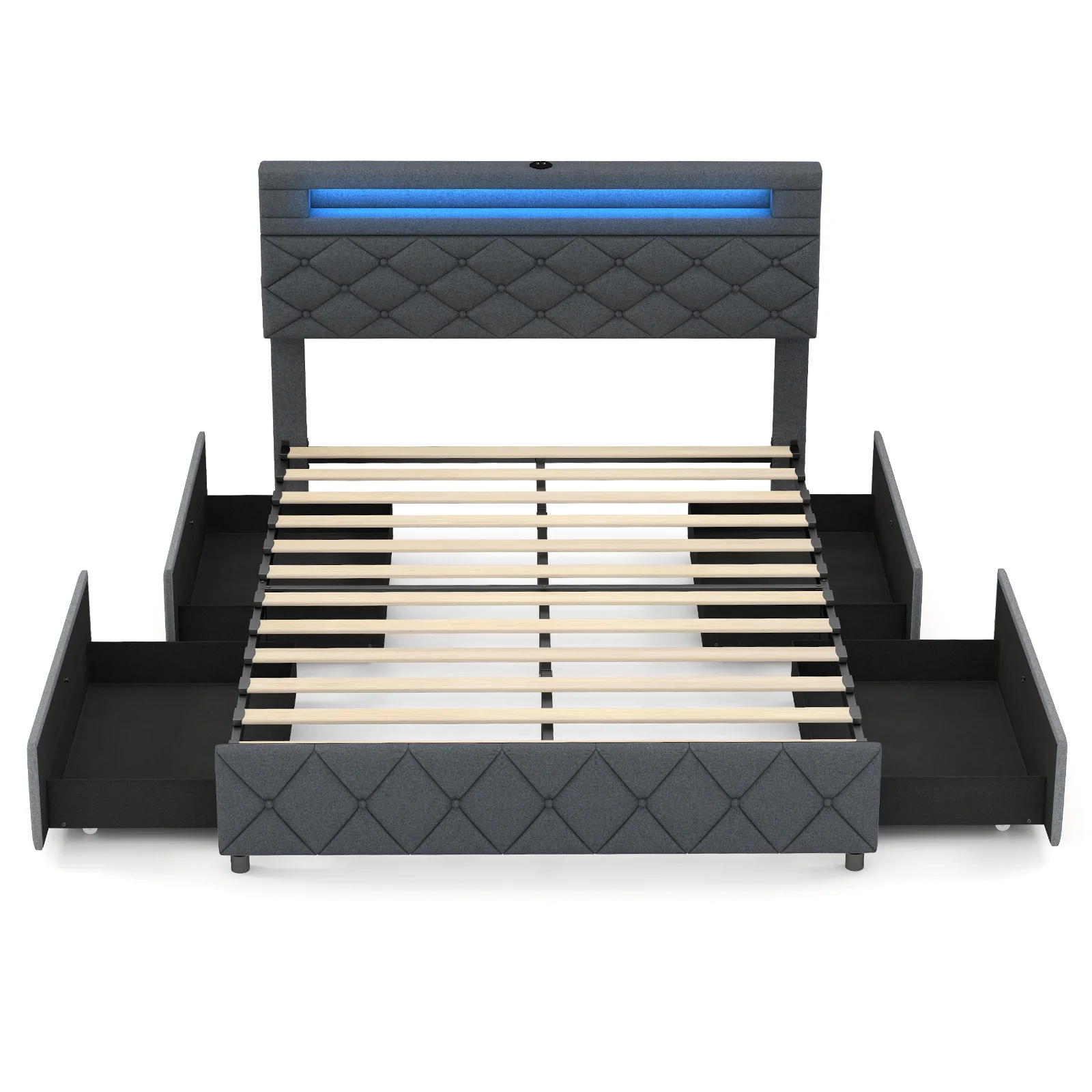 Full/Queen Bed Frame, Adjustable Storage Headboard, Wooden Slat Support, Gray - Image 5