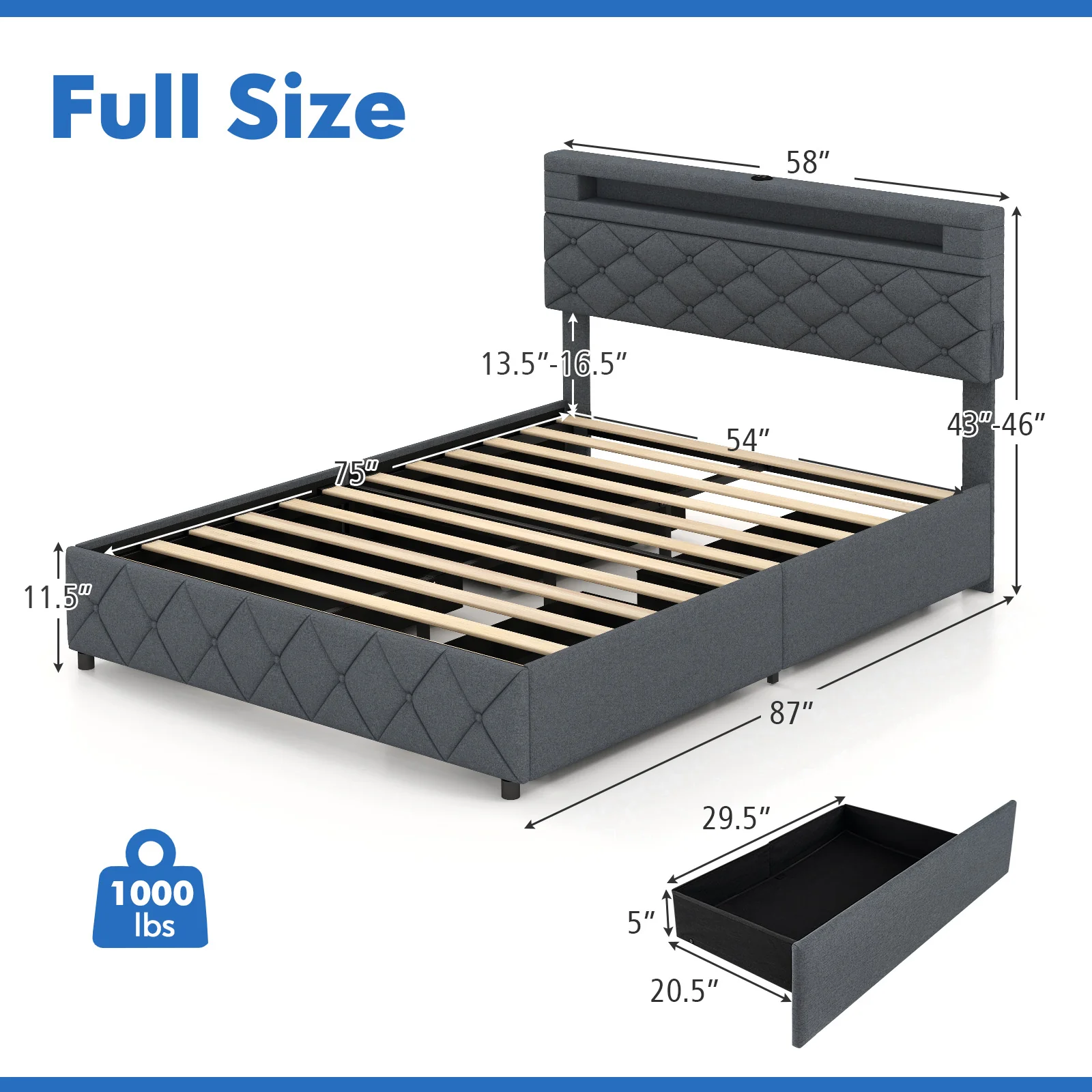 Full/Queen Bed Frame, Adjustable Storage Headboard, Wooden Slat Support, Gray - Image 6