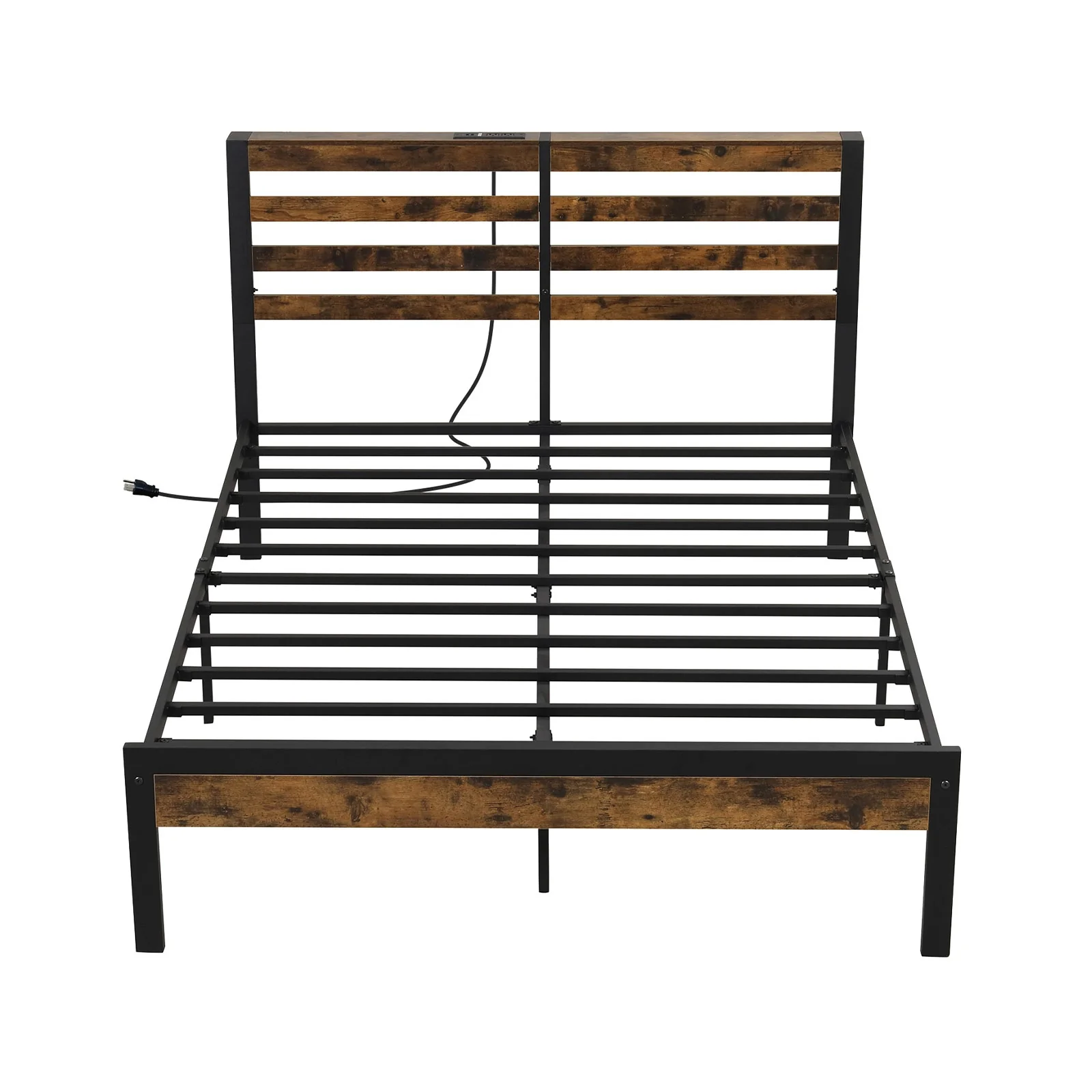 Full Queen Size Bed Frame, Charging Station, Storage Headboard, Brown