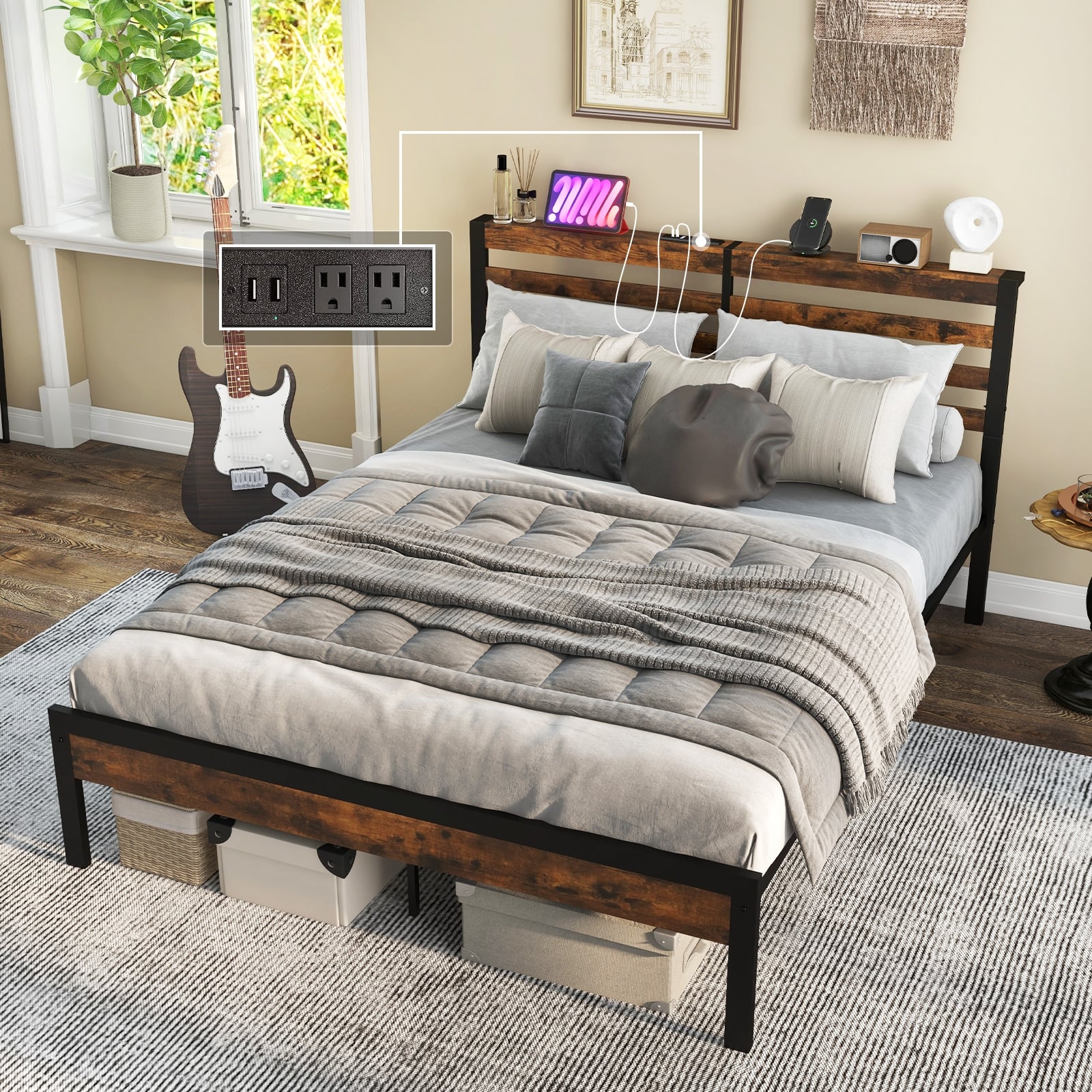 Full Queen Size Bed Frame, Charging Station, Storage Headboard, Brown - Image 2