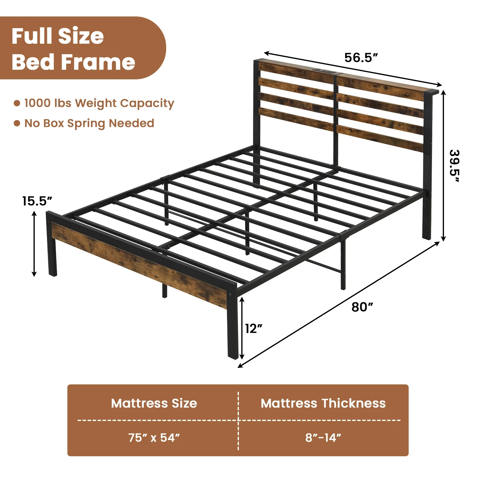 Full Queen Size Bed Frame, Charging Station, Storage Headboard, Brown - Image 5