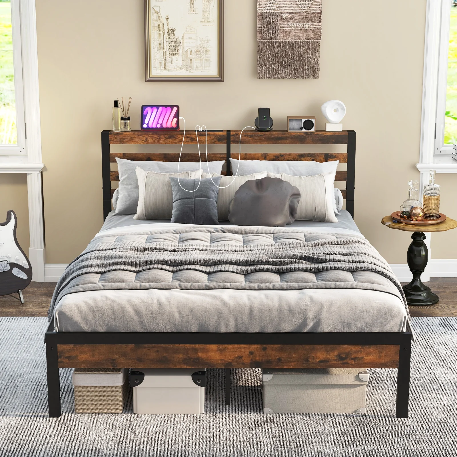 Full Queen Size Bed Frame, Charging Station, Storage Headboard, Brown - Image 6