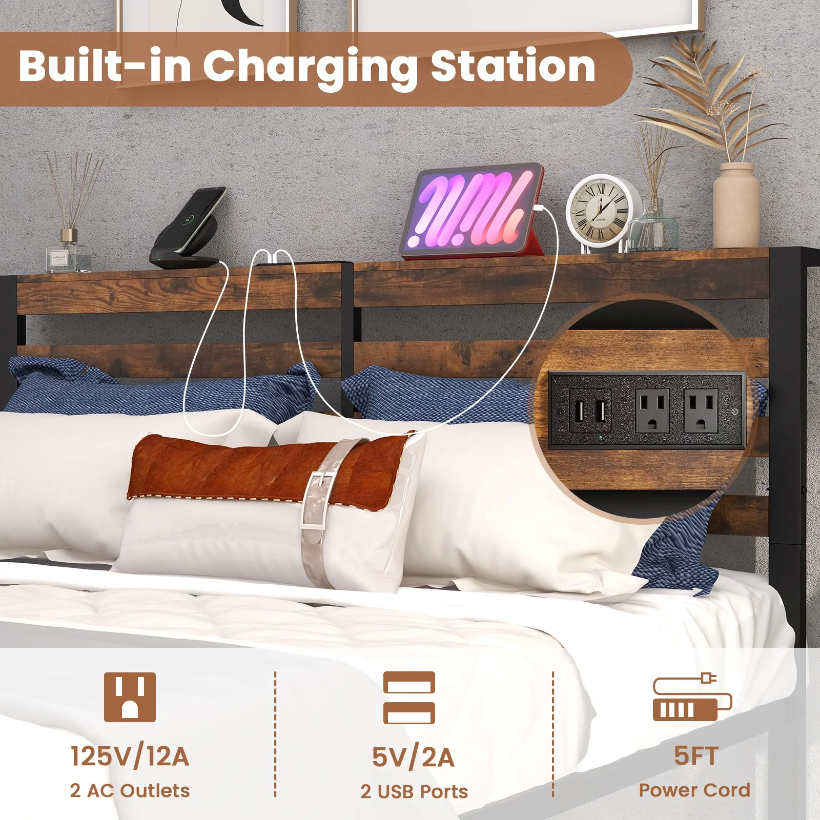 Full Queen Size Bed Frame, Charging Station, Storage Headboard, Brown - Image 8