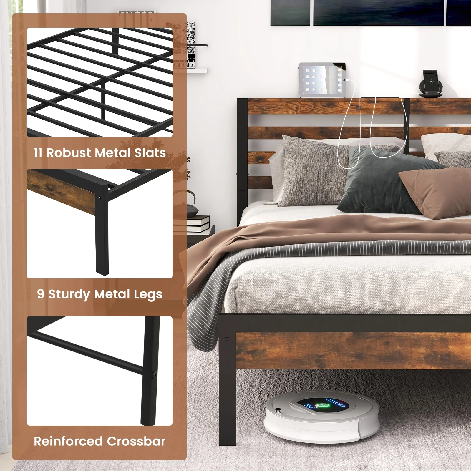 Full Queen Size Bed Frame, Charging Station, Storage Headboard, Brown - Image 9