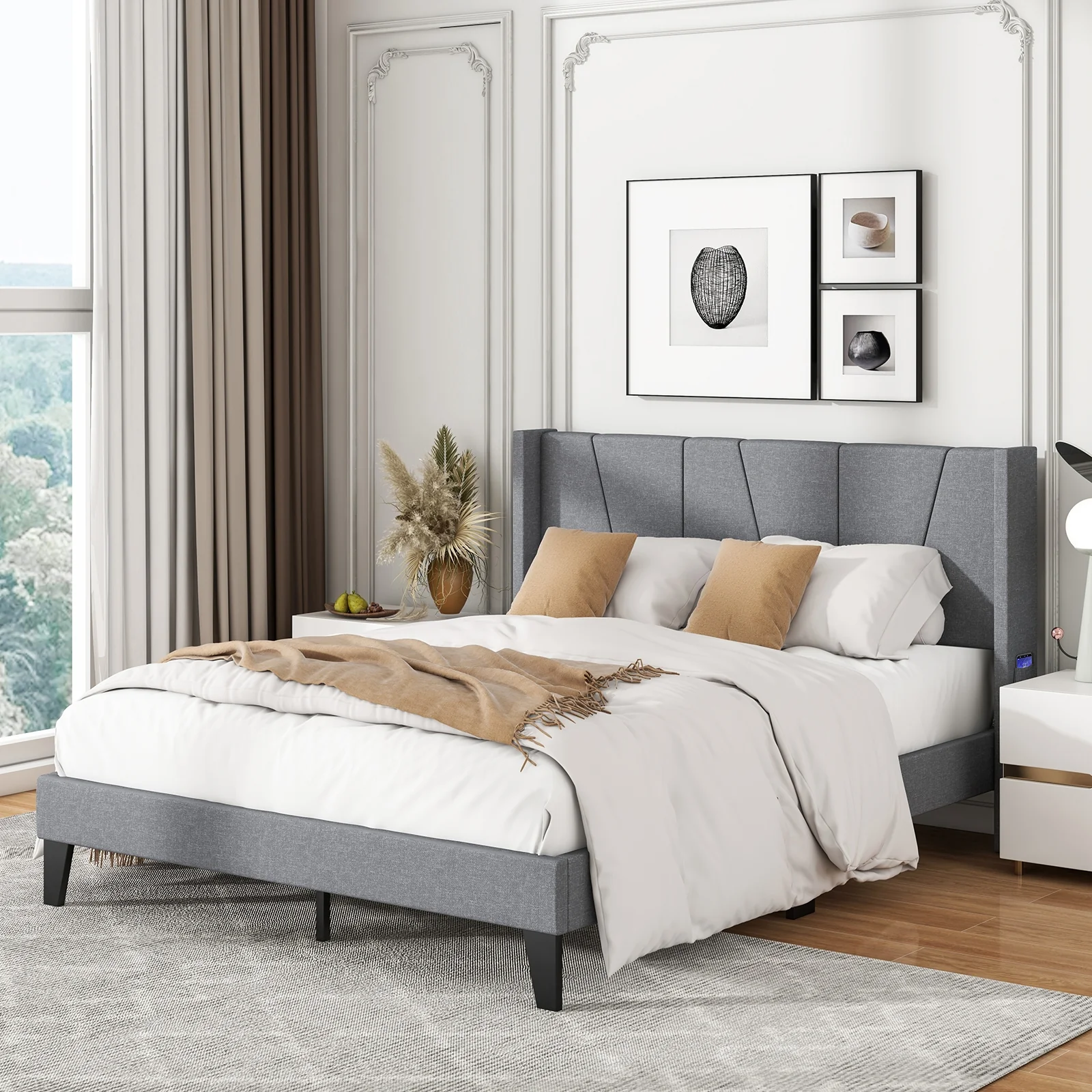 Full Queen Size Bed Frame, Wingback Headboard, Wood Slat Support, Gray - Image 2