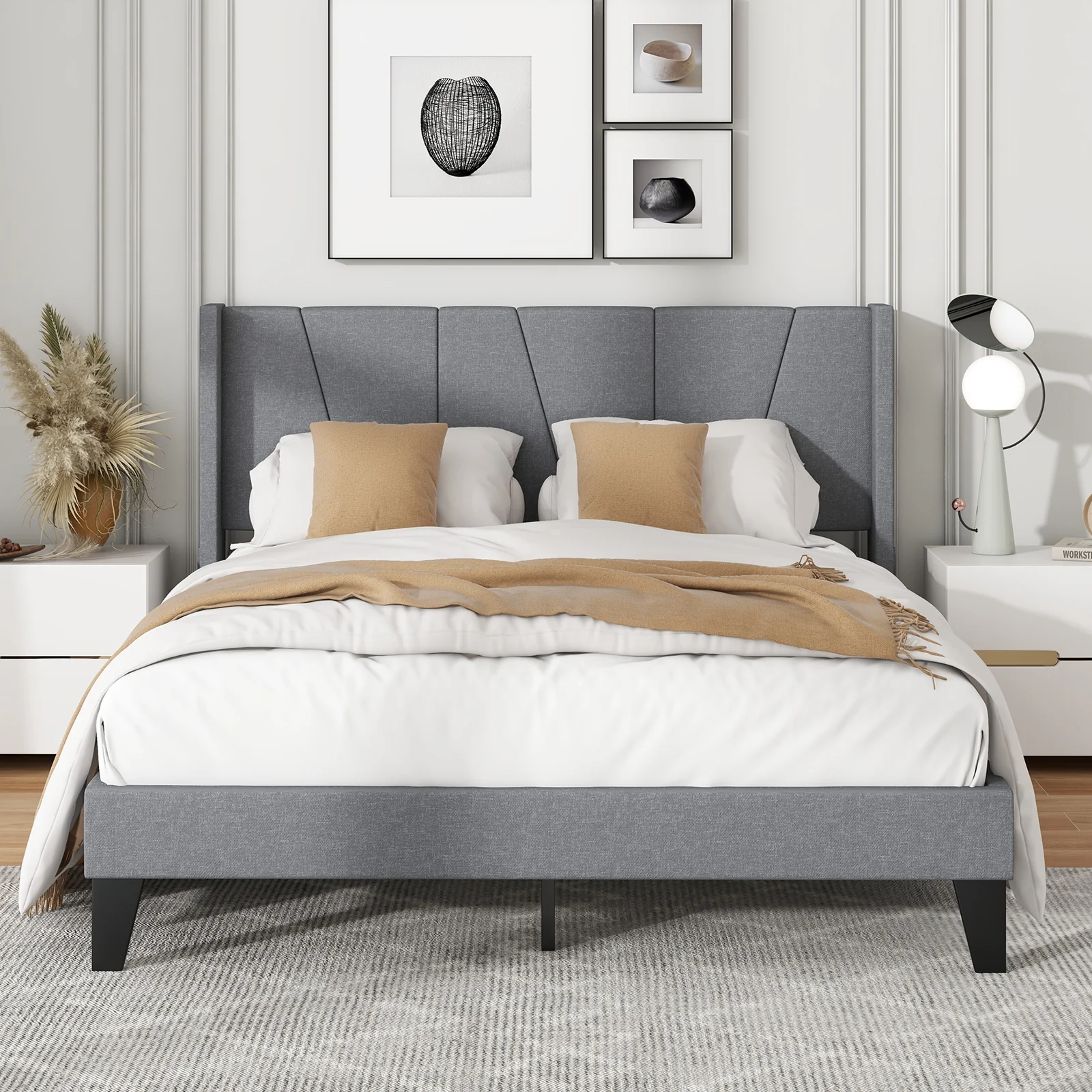 Full Queen Size Bed Frame, Wingback Headboard, Wood Slat Support, Gray - Image 3