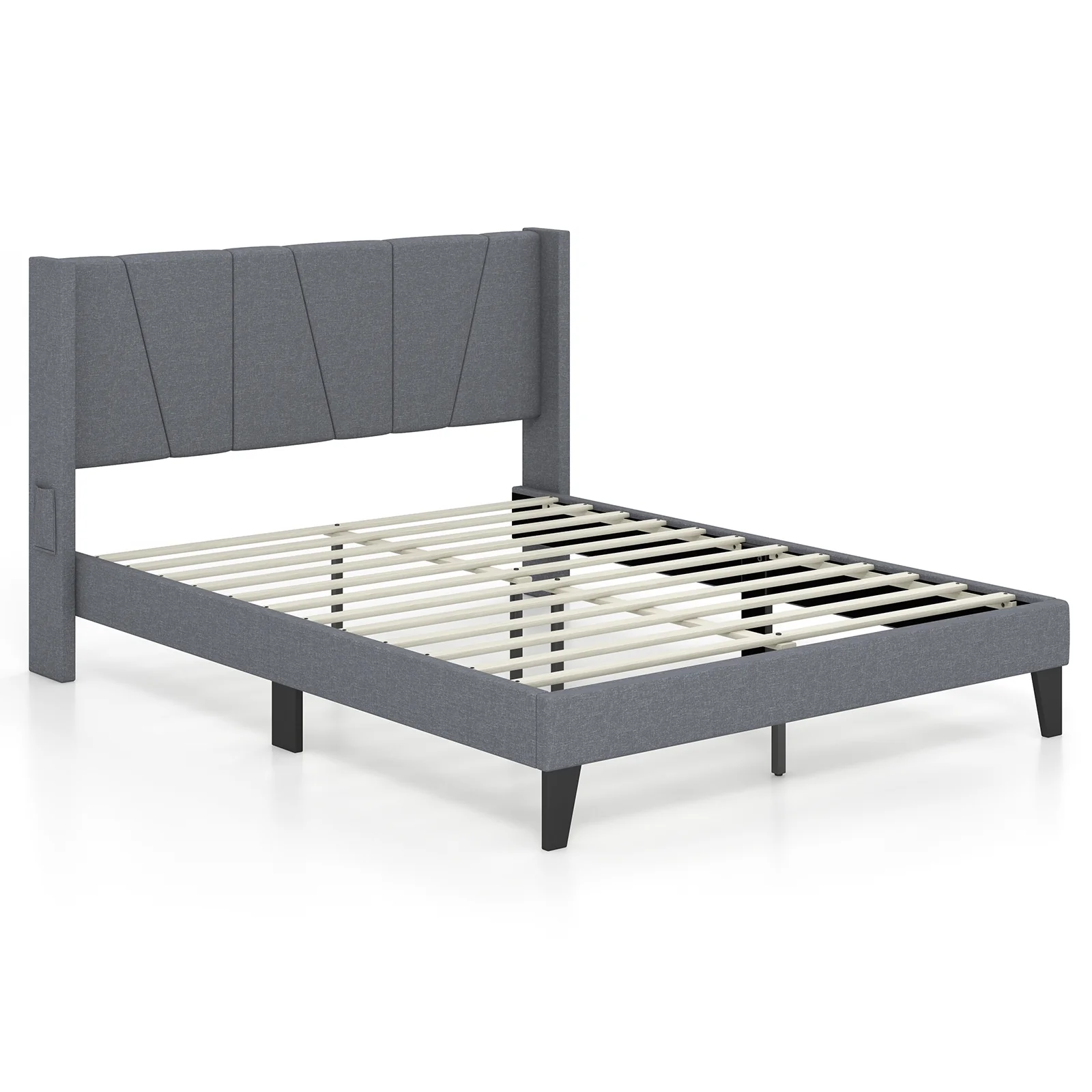 Full Queen Size Bed Frame, Wingback Headboard, Wood Slat Support, Gray - Image 4