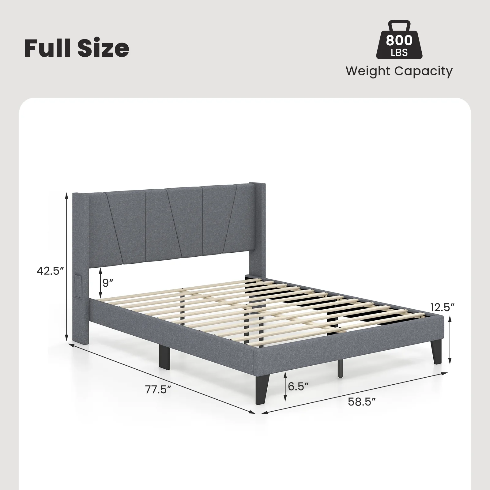 Full Queen Size Bed Frame, Wingback Headboard, Wood Slat Support, Gray - Image 5