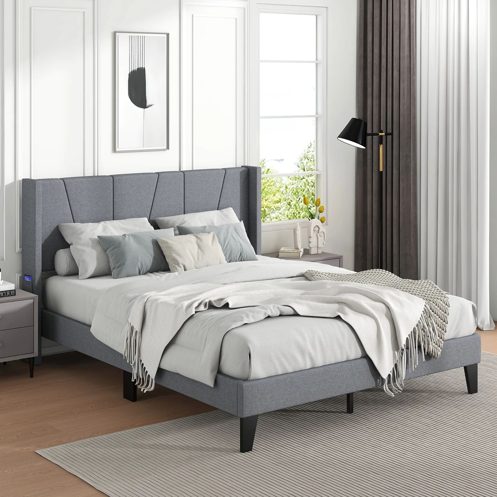 Full Queen Size Bed Frame, Wingback Headboard, Wood Slat Support, Gray - Image 6
