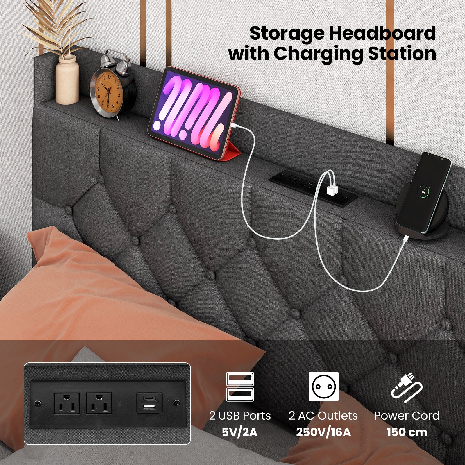 Full Queen Size Floating Bed Frame, LED Headboard, Charging Station, Gray - Image 8