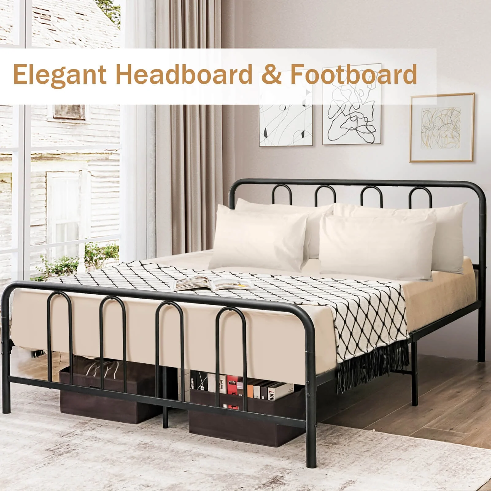 Full Queen Size Metal Bed Frame, Headboard Footboard, Black - Image 6