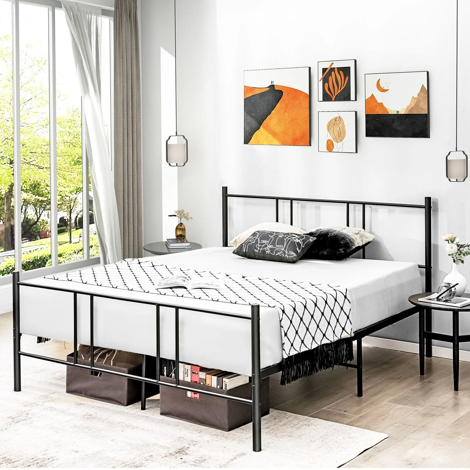 Full Queen Size Platform Bed Frame, High Headboard, Black - Image 2