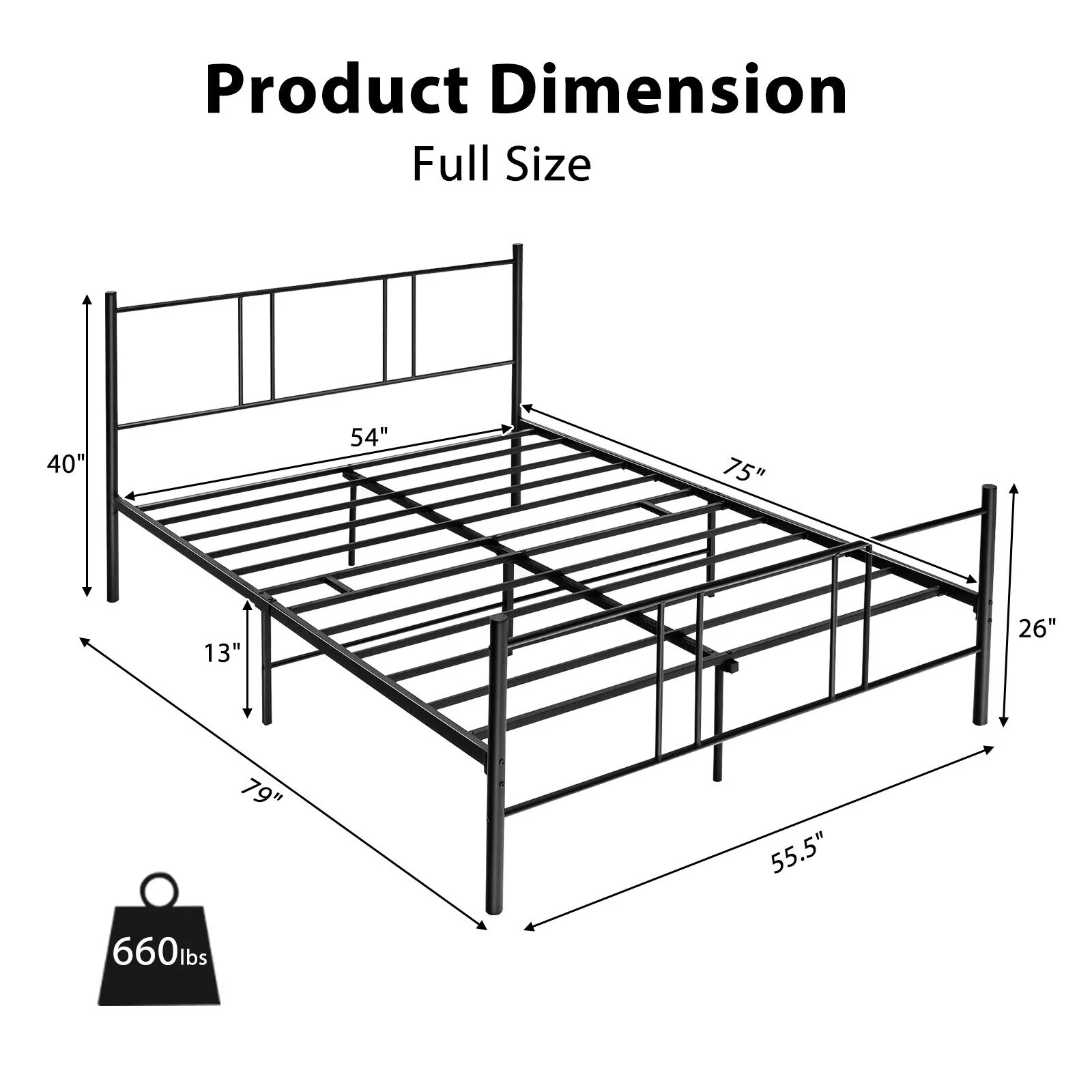 Full Queen Size Platform Bed Frame, High Headboard, Black - Image 5