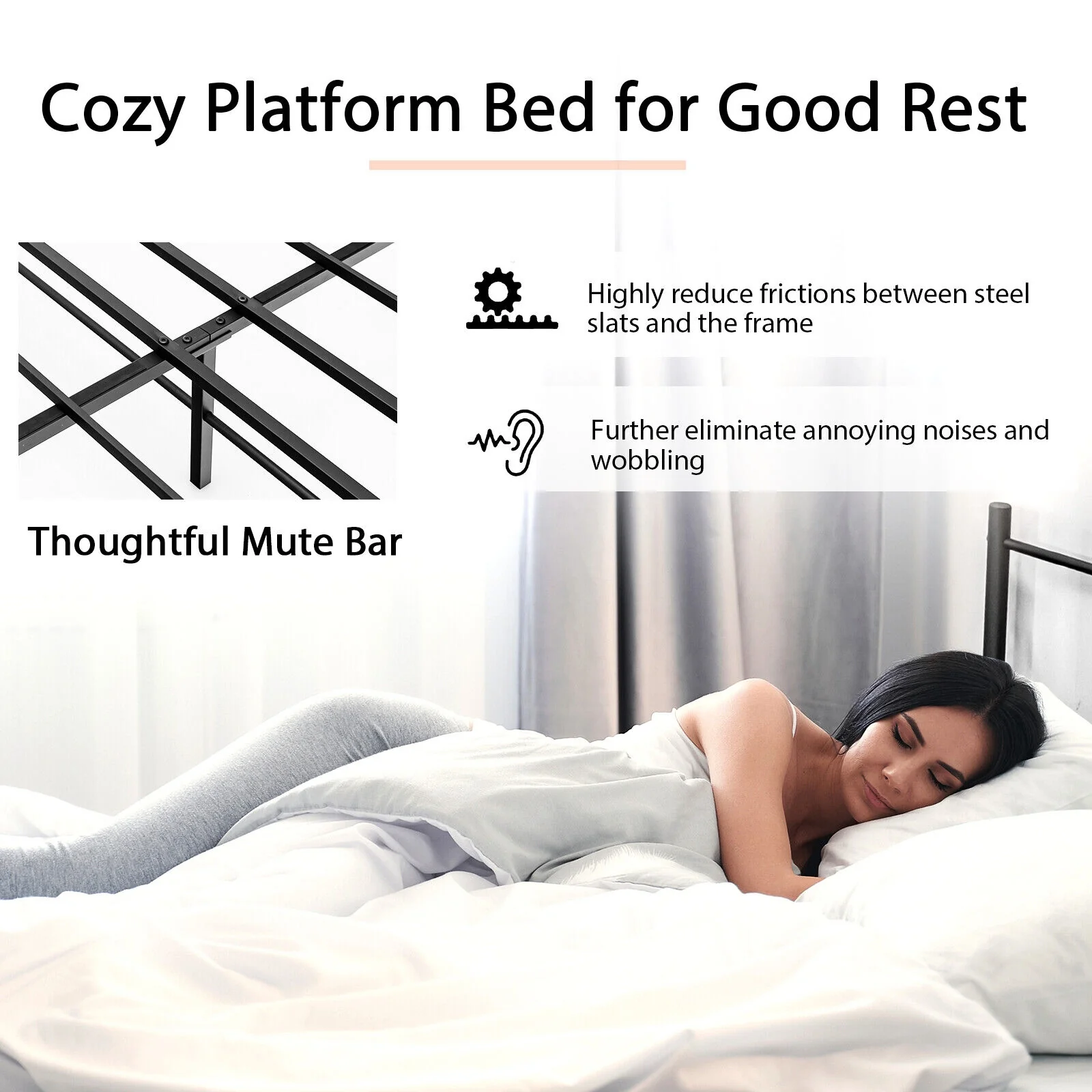 Full Queen Size Platform Bed Frame, High Headboard, Black - Image 6