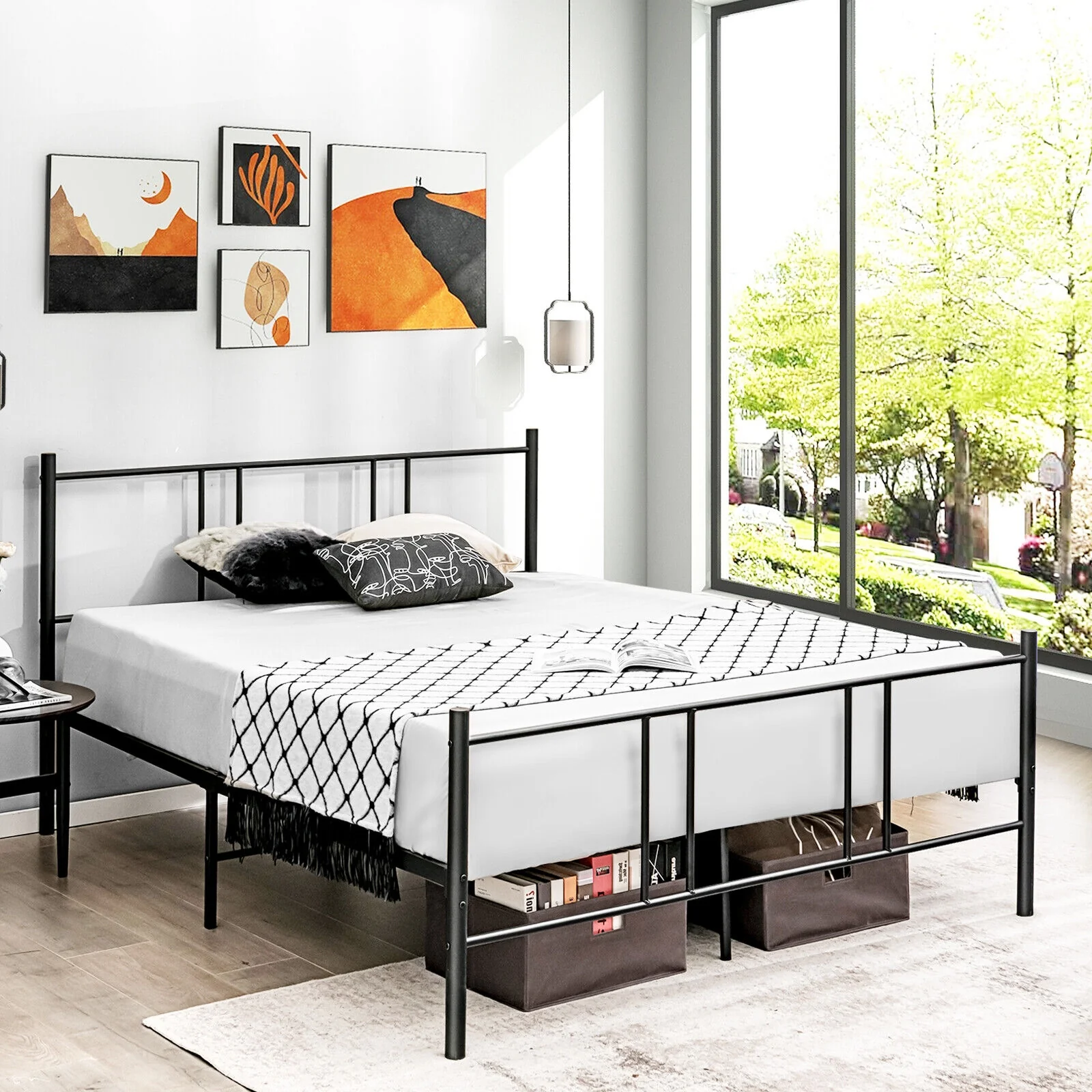 Full Queen Size Platform Bed Frame, High Headboard, Black - Image 8