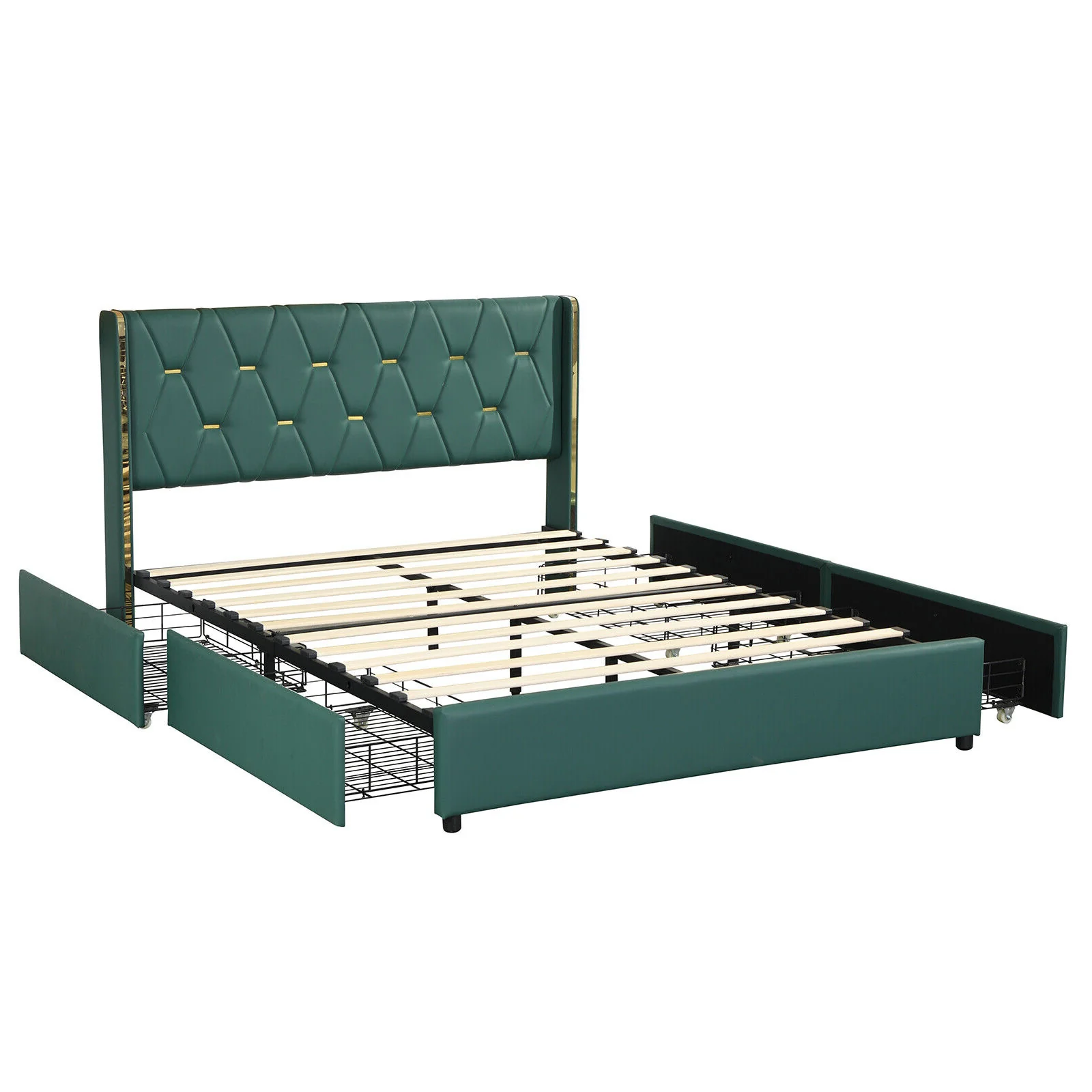 Full Queen Size Upholstered Bed Frame, 4 Drawers, Green
