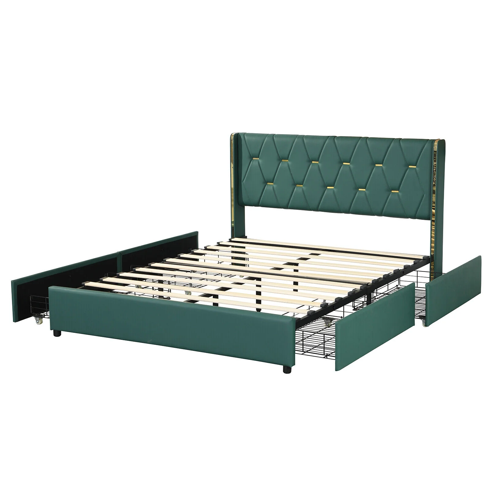 Full Queen Size Upholstered Bed Frame, 4 Drawers, Green - Image 4