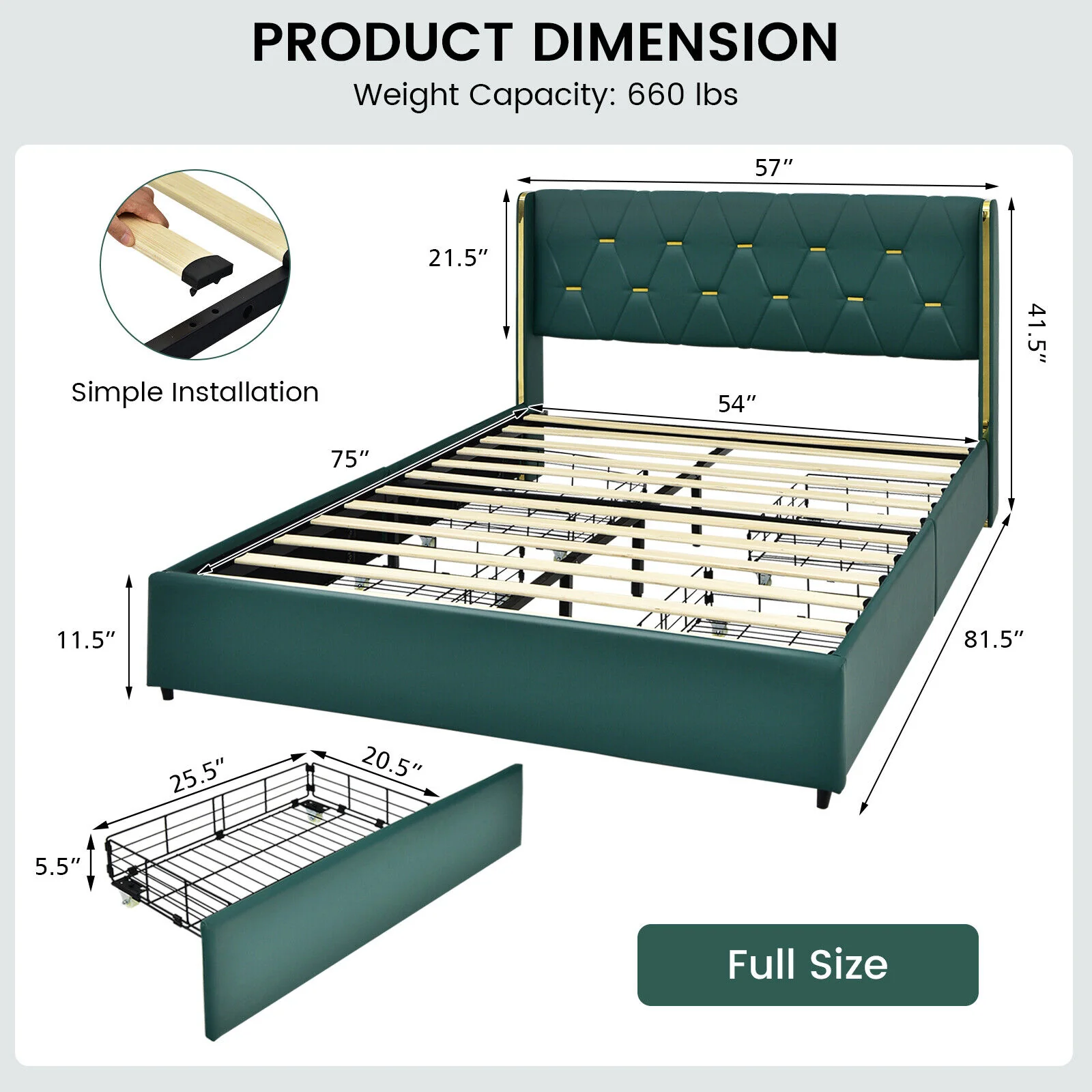 Full Queen Size Upholstered Bed Frame, 4 Drawers, Green - Image 5