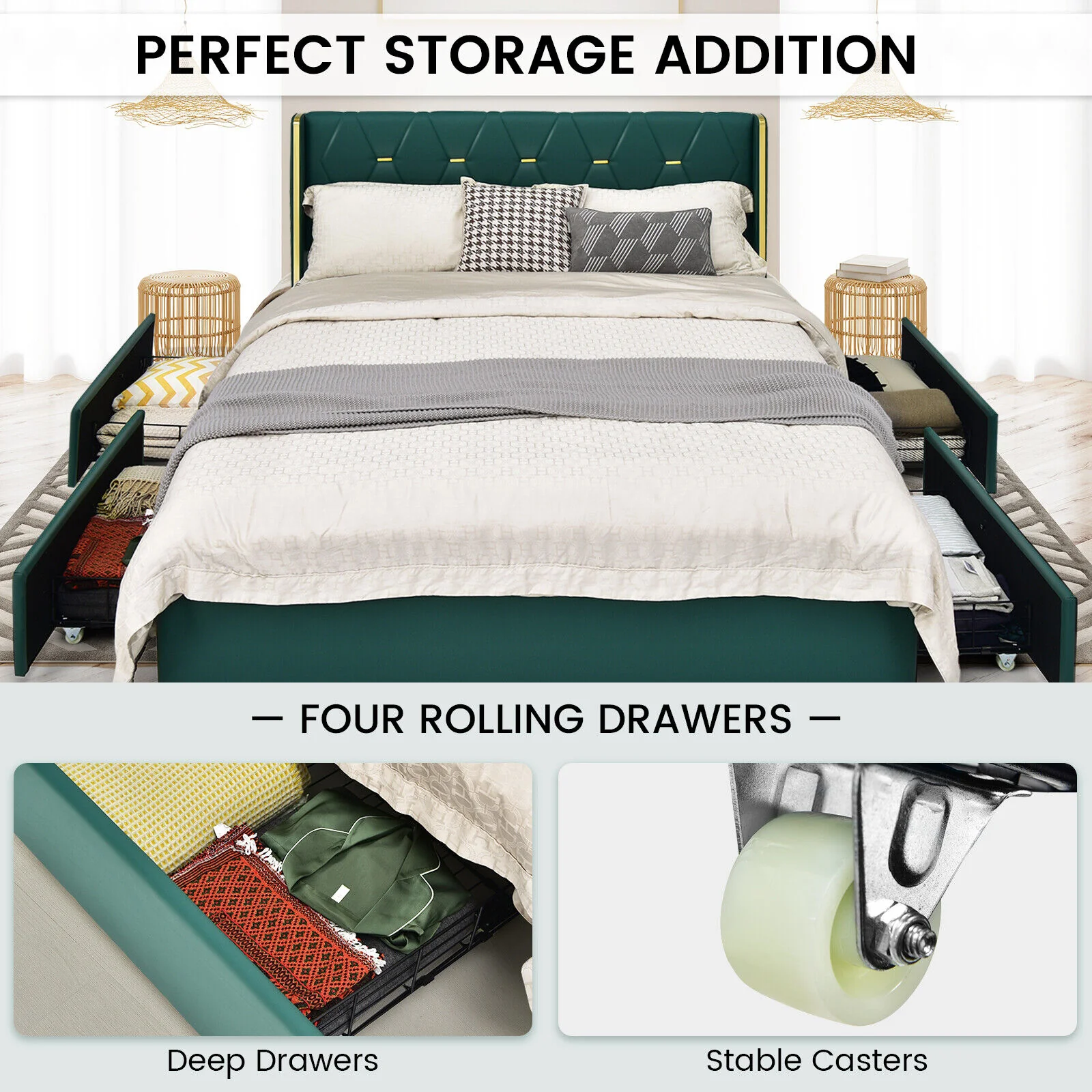 Full Queen Size Upholstered Bed Frame, 4 Drawers, Green - Image 7
