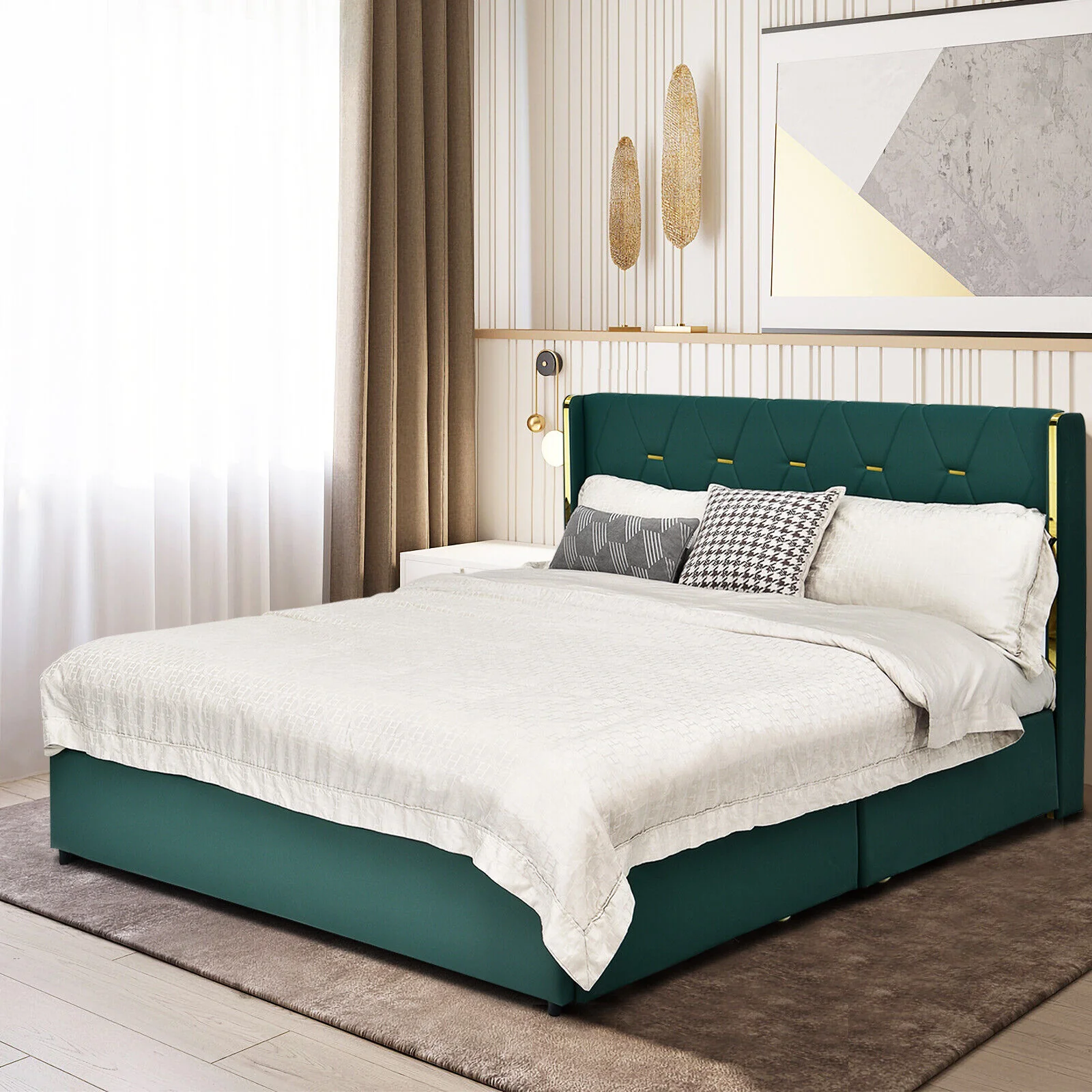 Full Queen Size Upholstered Bed Frame, 4 Drawers, Green - Image 8