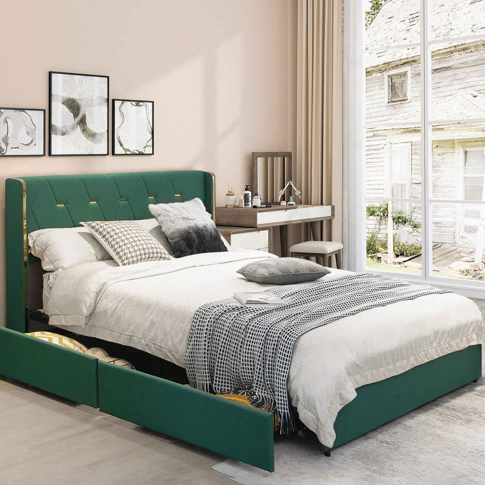 Full Queen Size Upholstered Bed Frame, 4 Drawers, Green - Image 9