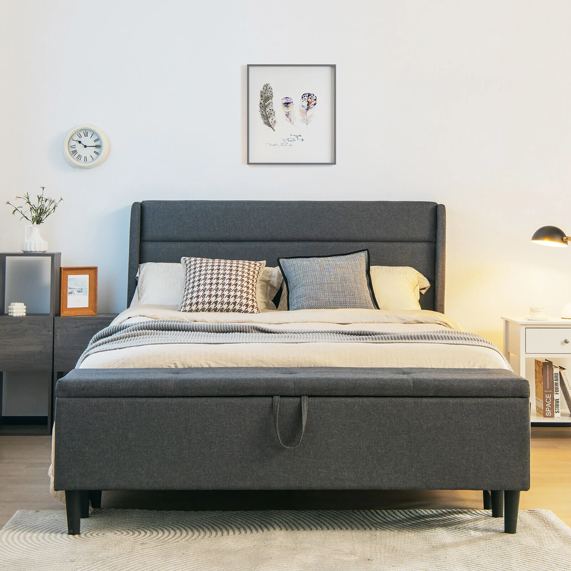 Full/Queen Upholstered Platform Bed Frame, Storage Ottoman, Gray - Image 2