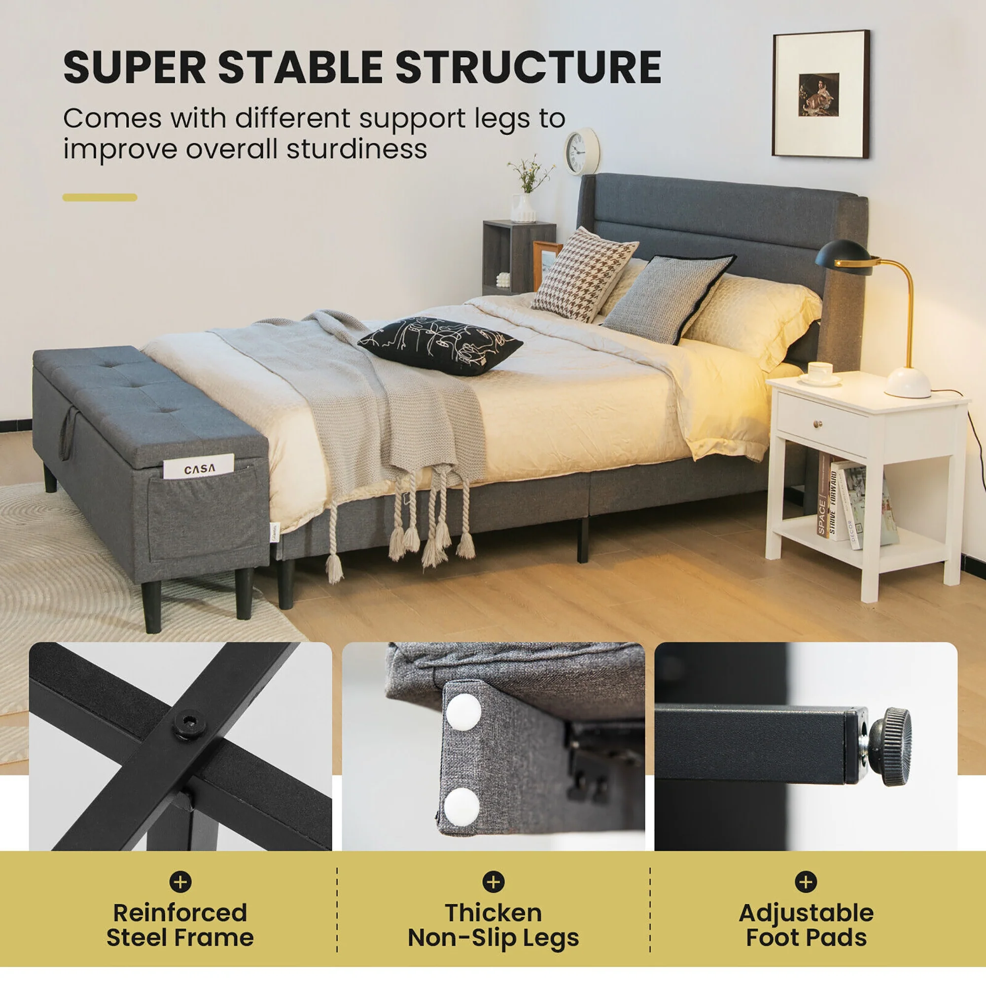 Full/Queen Upholstered Platform Bed Frame, Storage Ottoman, Gray - Image 3