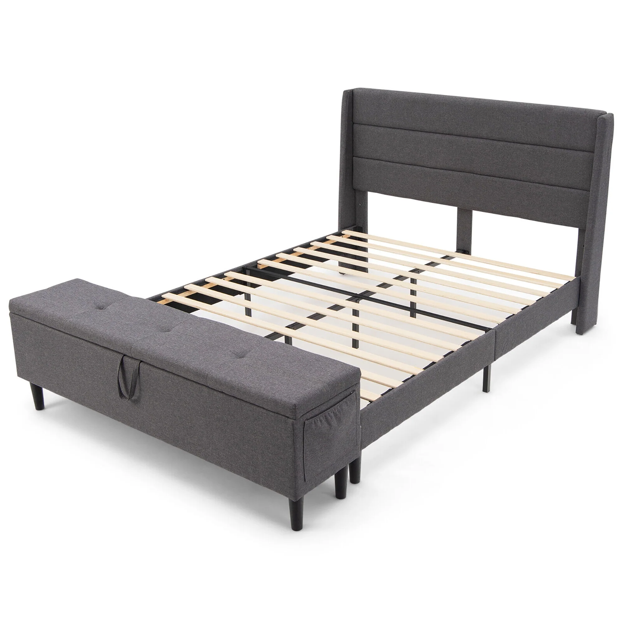 Full/Queen Upholstered Platform Bed Frame, Storage Ottoman, Gray - Image 4
