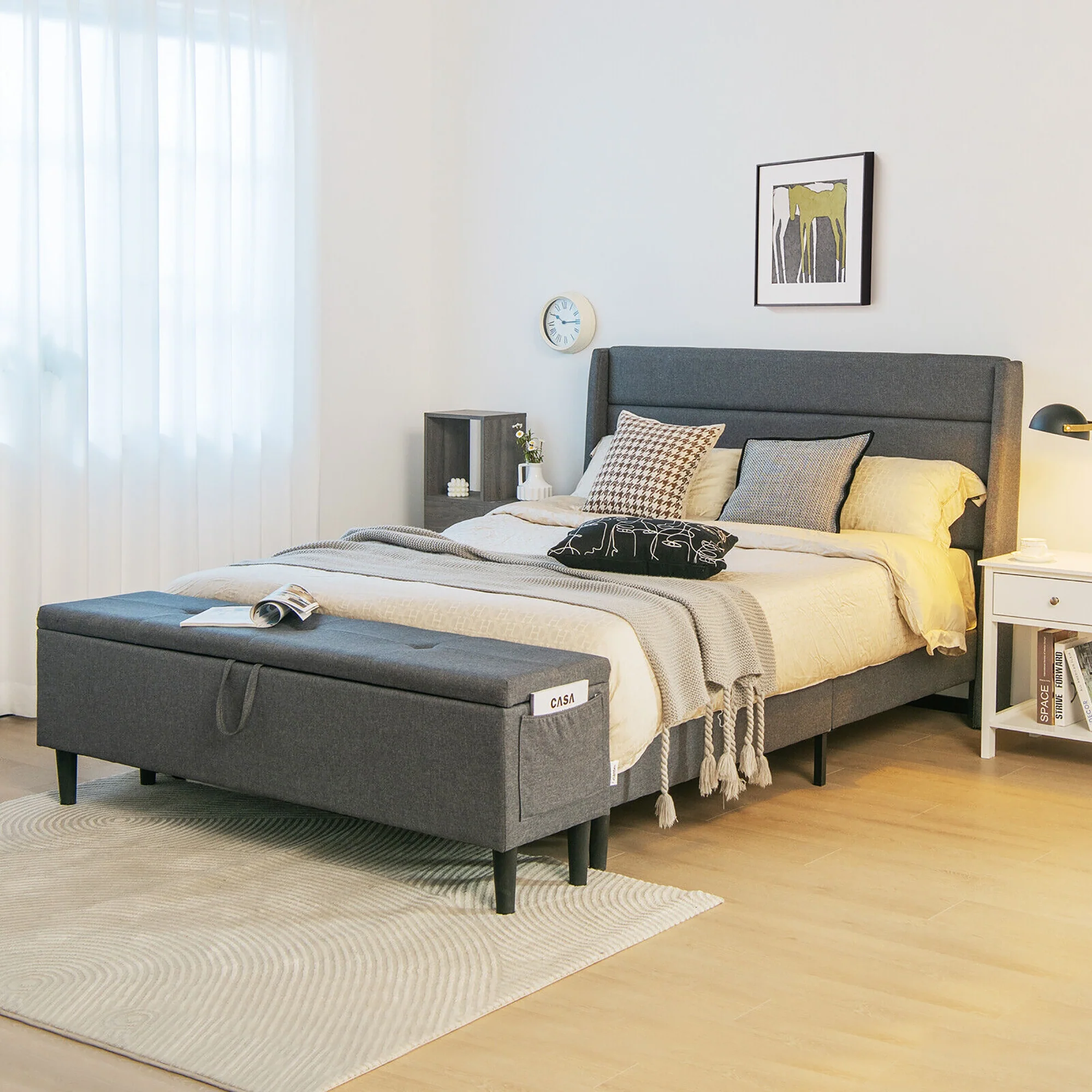 Full/Queen Upholstered Platform Bed Frame, Storage Ottoman, Gray - Image 7