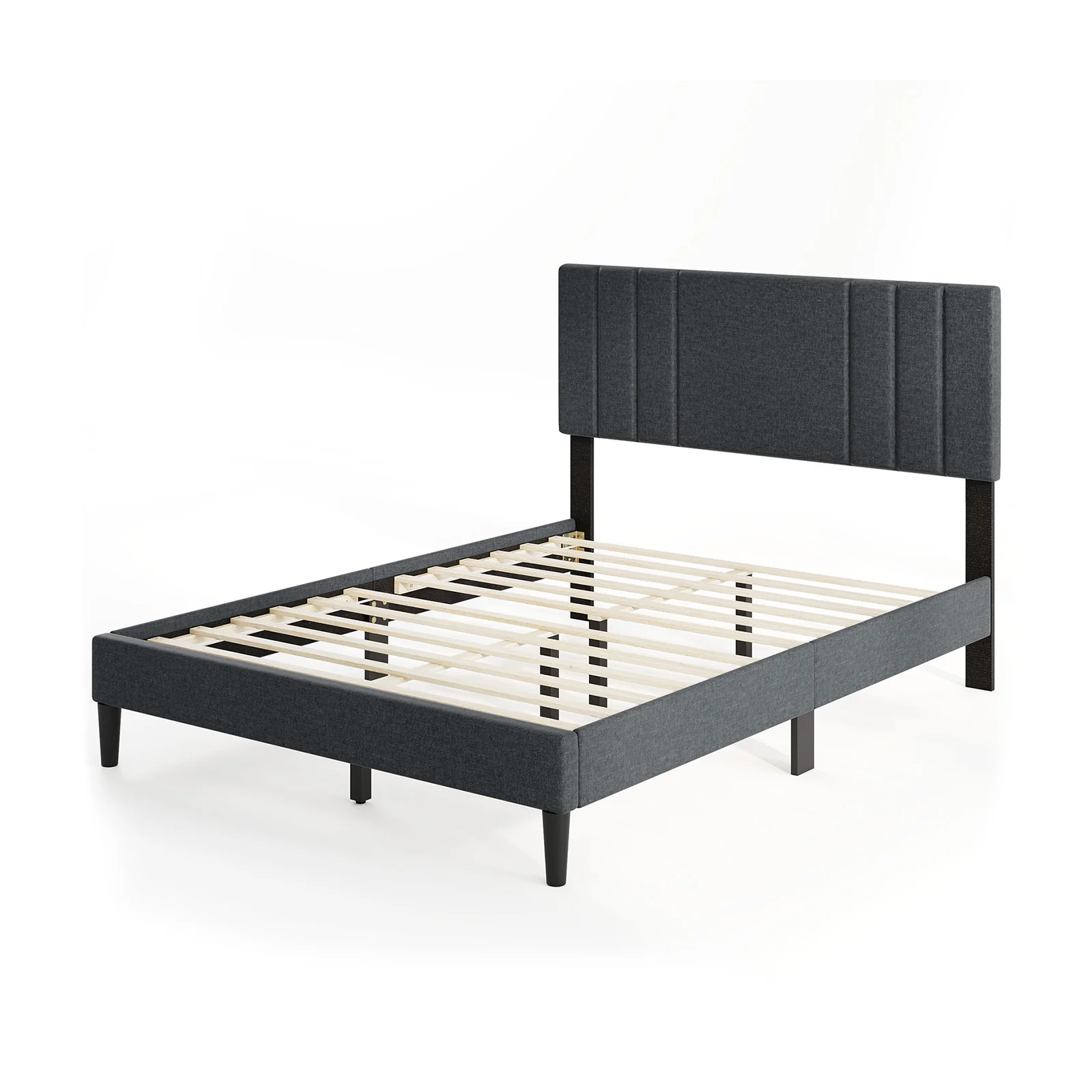 Full Size Bed Frame, Channel Tufted Headboard, Wooden Slats, Gray - Image 4