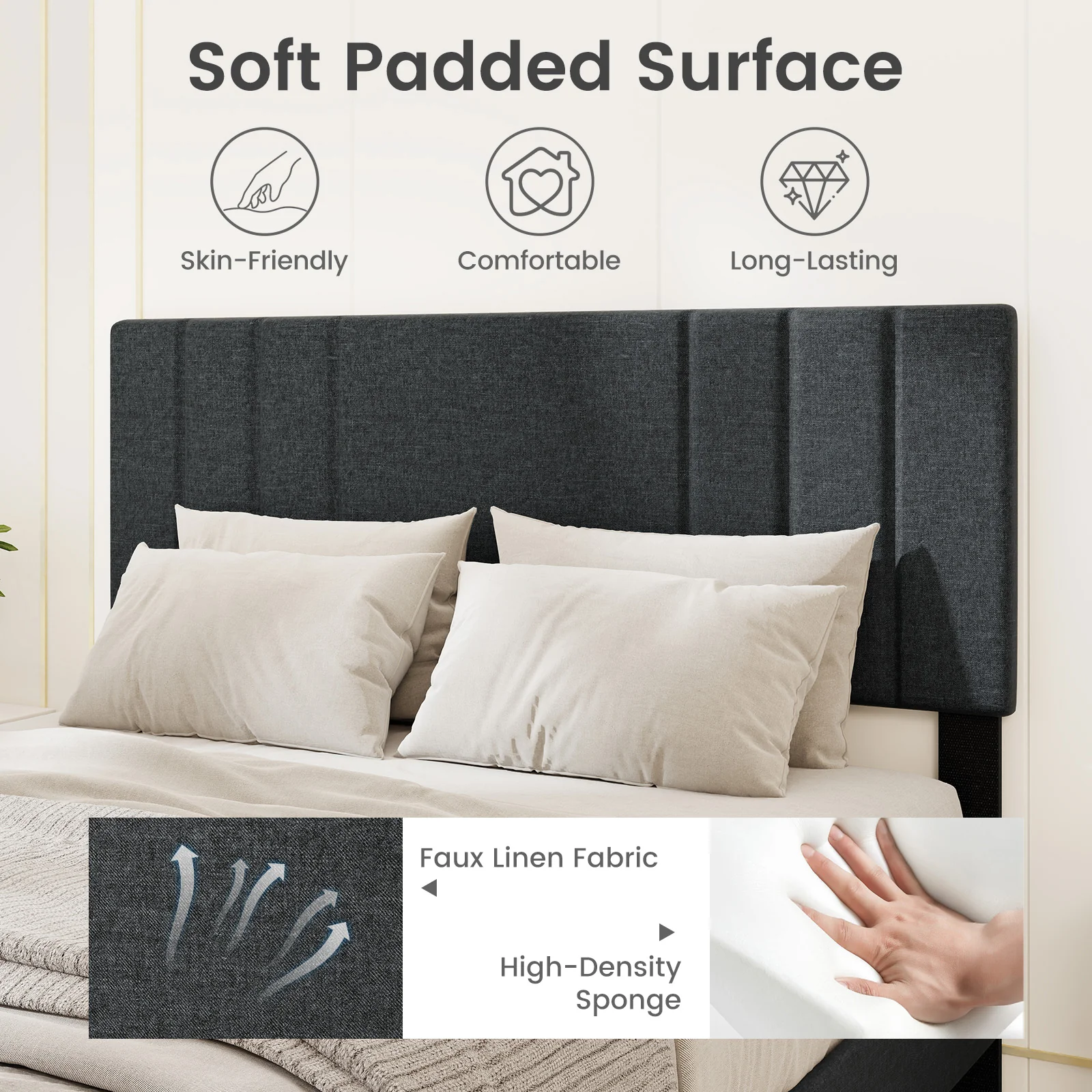 Full Size Bed Frame, Channel Tufted Headboard, Wooden Slats, Gray - Image 7