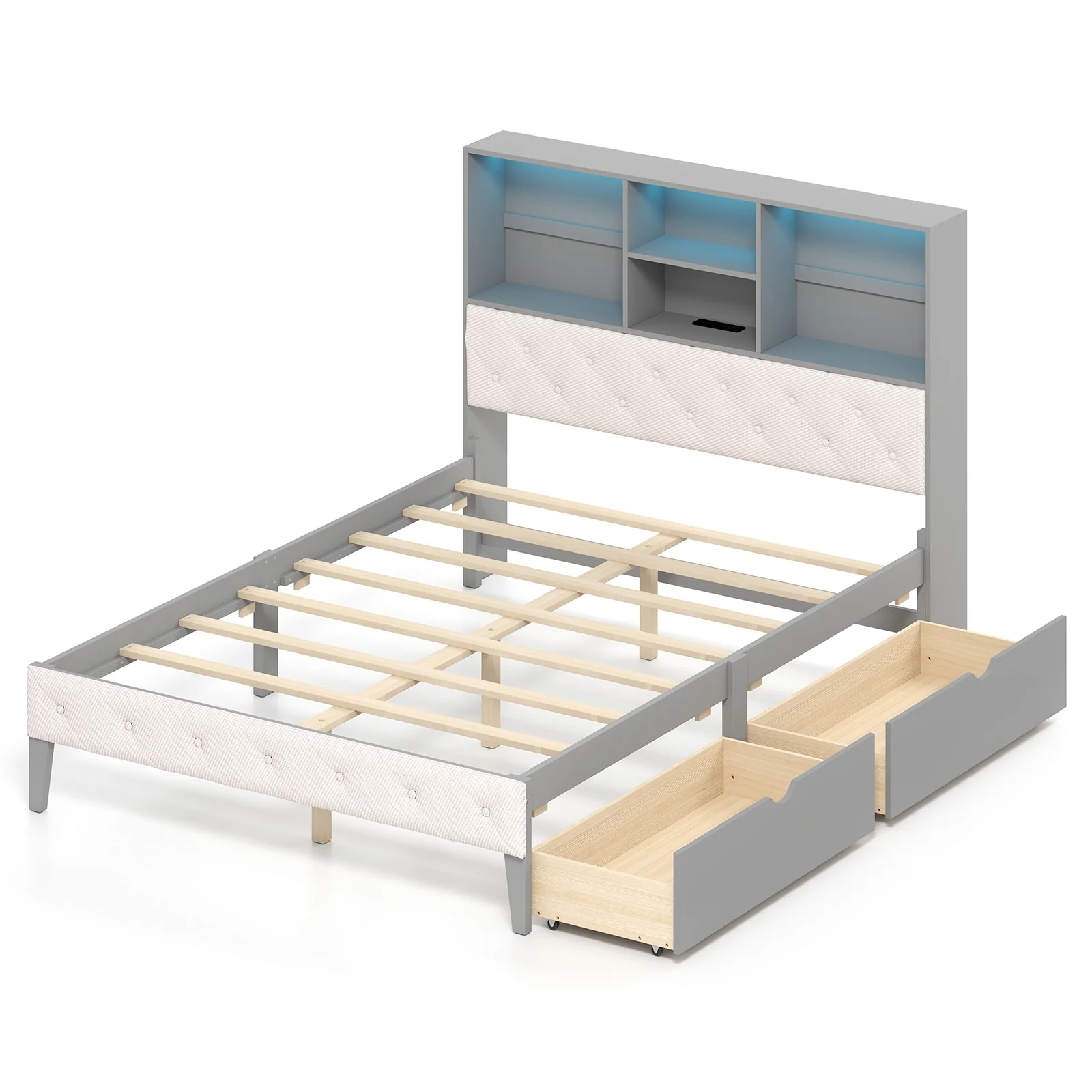 Full Size Bed Frame With Bookcase Headboard, LED Lights, Gray