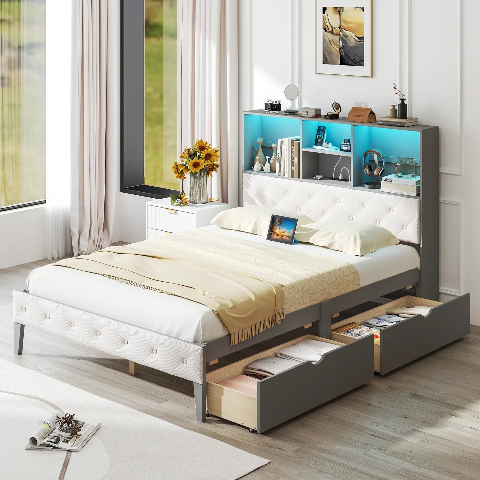 Full Size Bed Frame With Bookcase Headboard, LED Lights, Gray - Image 2