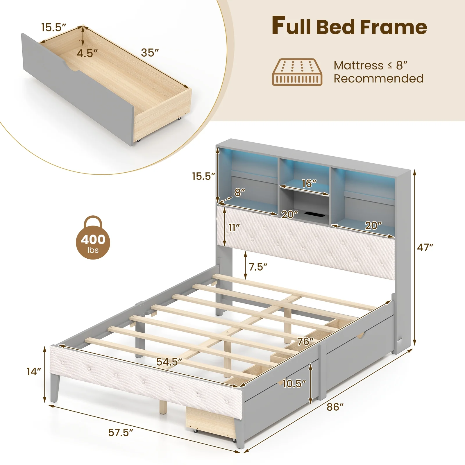 Full Size Bed Frame With Bookcase Headboard, LED Lights, Gray - Image 5