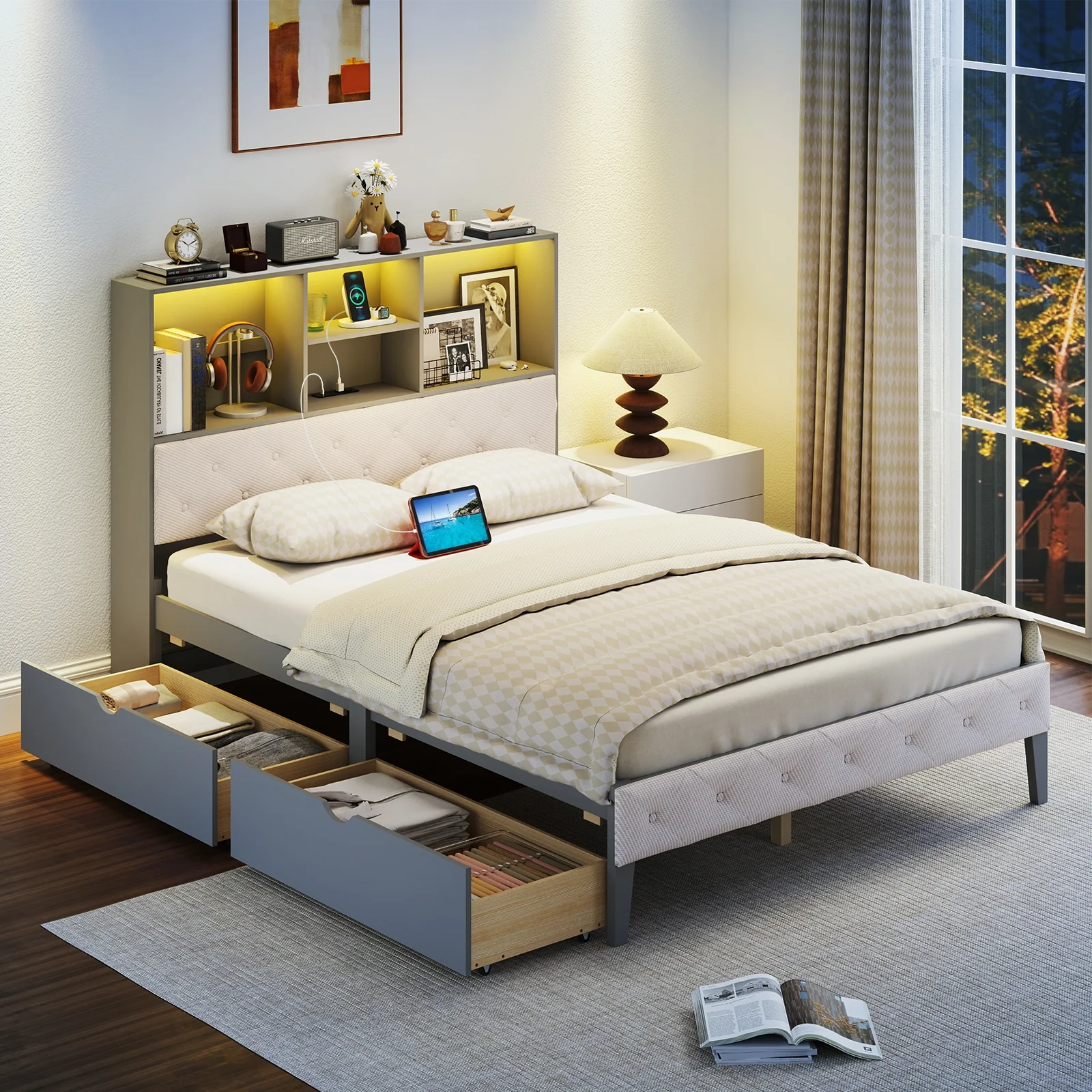 Full Size Bed Frame With Bookcase Headboard, LED Lights, Gray - Image 6