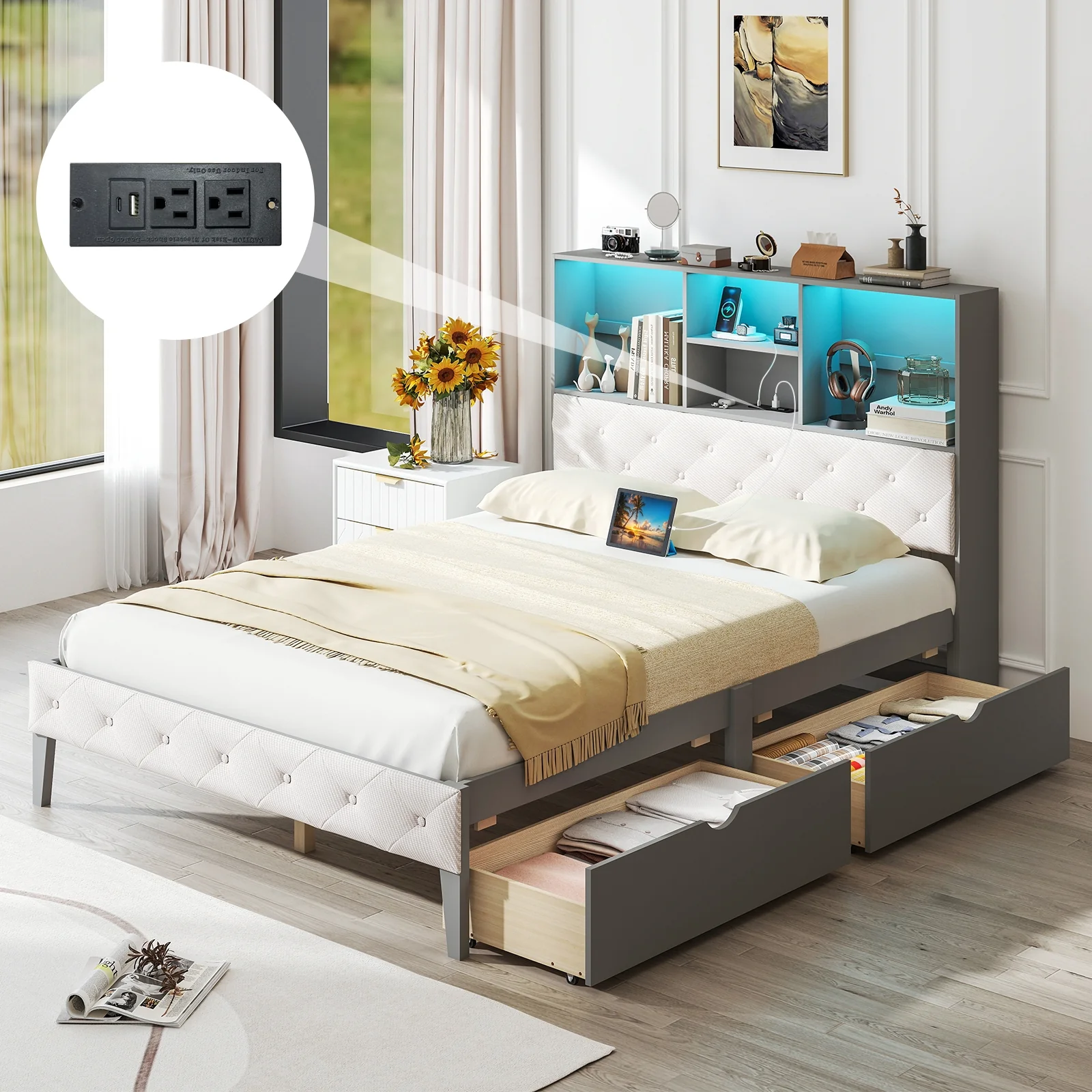 Full Size Bed Frame With Bookcase Headboard, LED Lights, Gray - Image 7