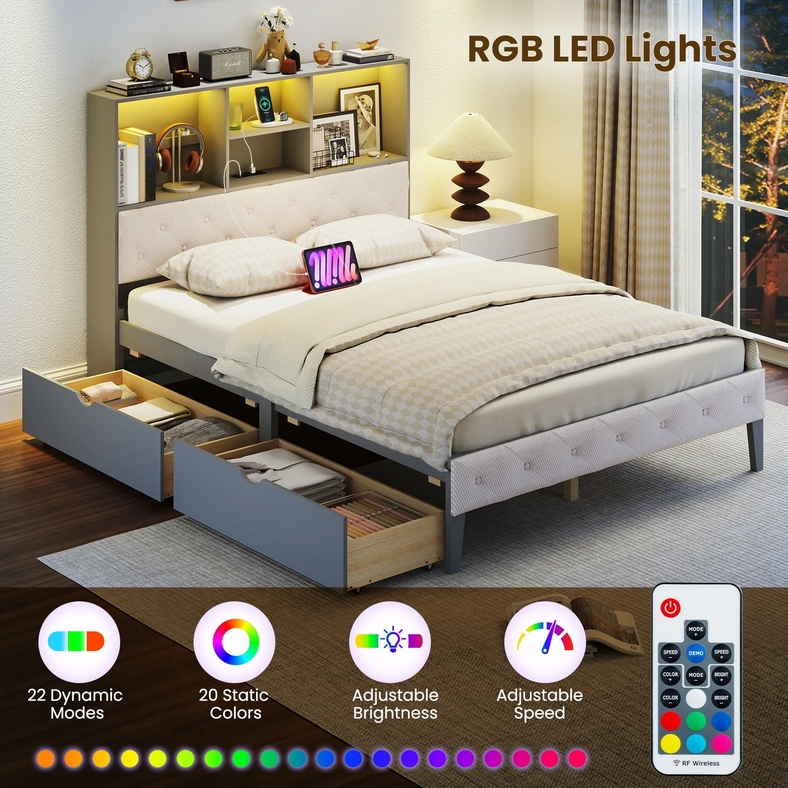 Full Size Bed Frame With Bookcase Headboard, LED Lights, Gray - Image 9