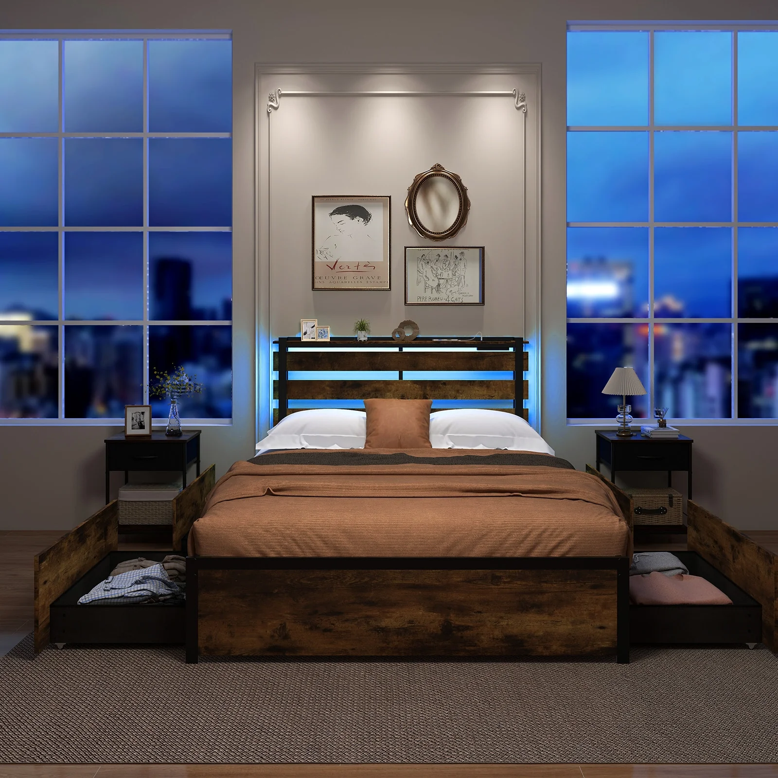 Full Size Bed Frame With Drawers, LED Lights, USB Ports - Image 3