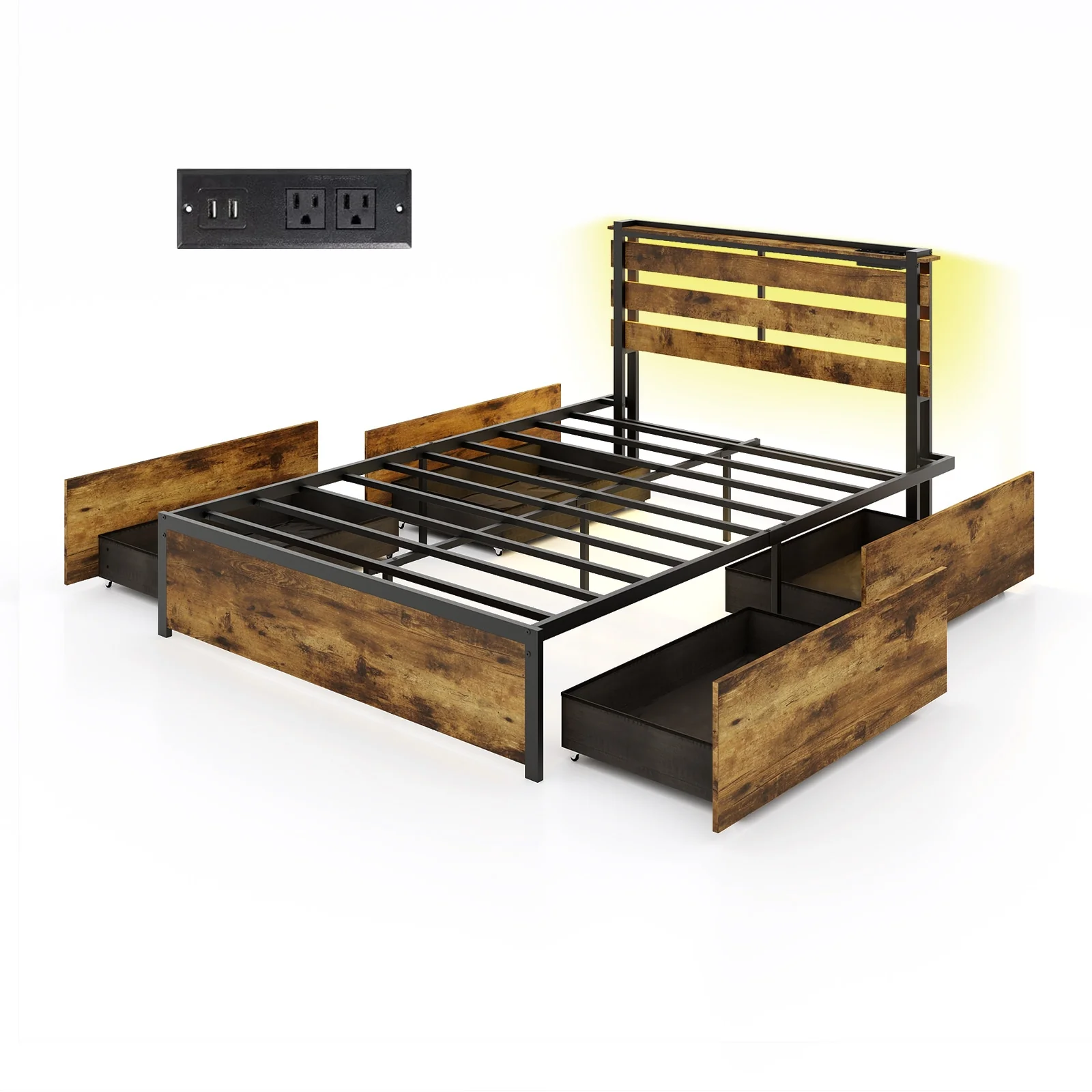 Full Size Bed Frame With Drawers, LED Lights, USB Ports - Image 4