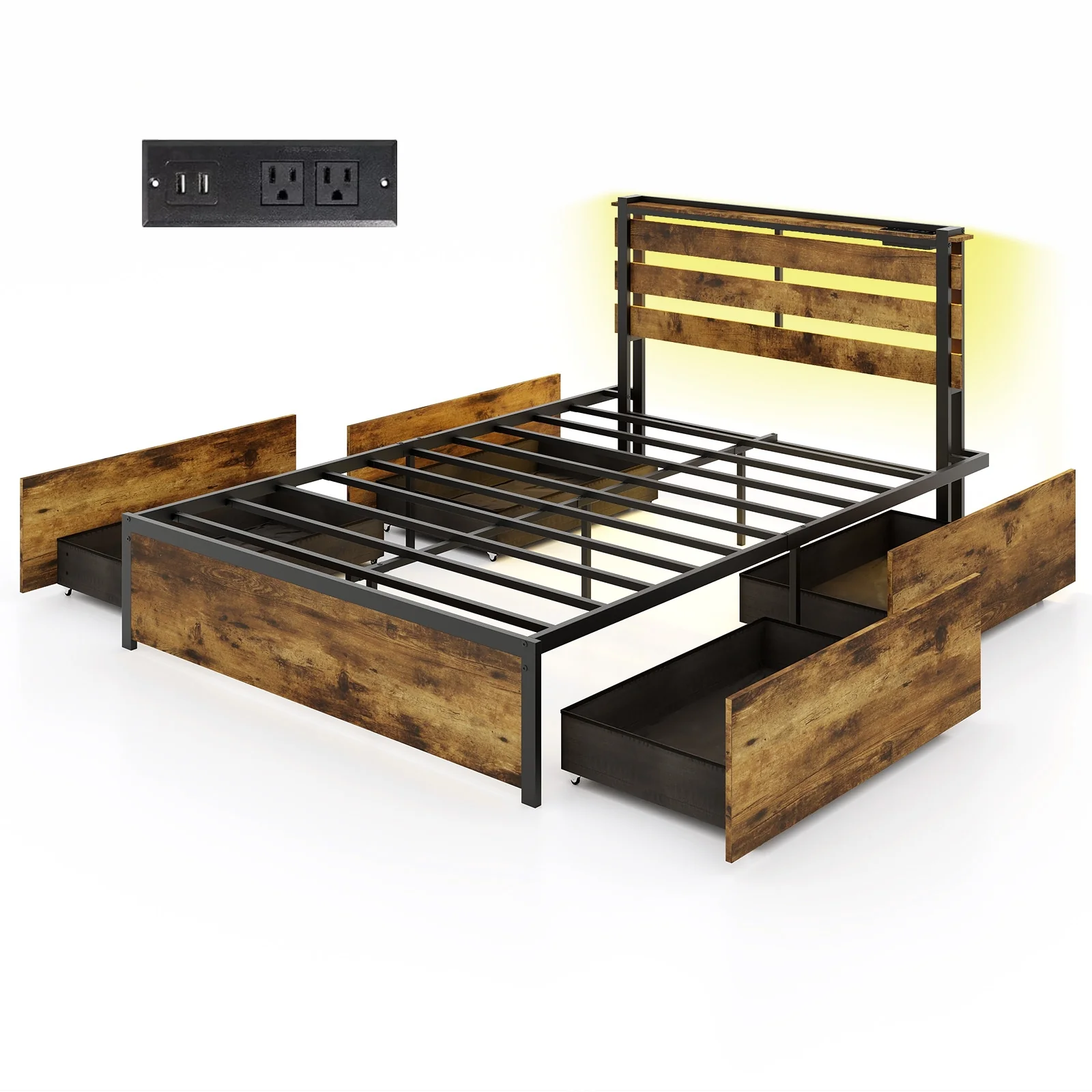 Full Size Bed Frame With Drawers, LED Lights, USB Ports - Image 5