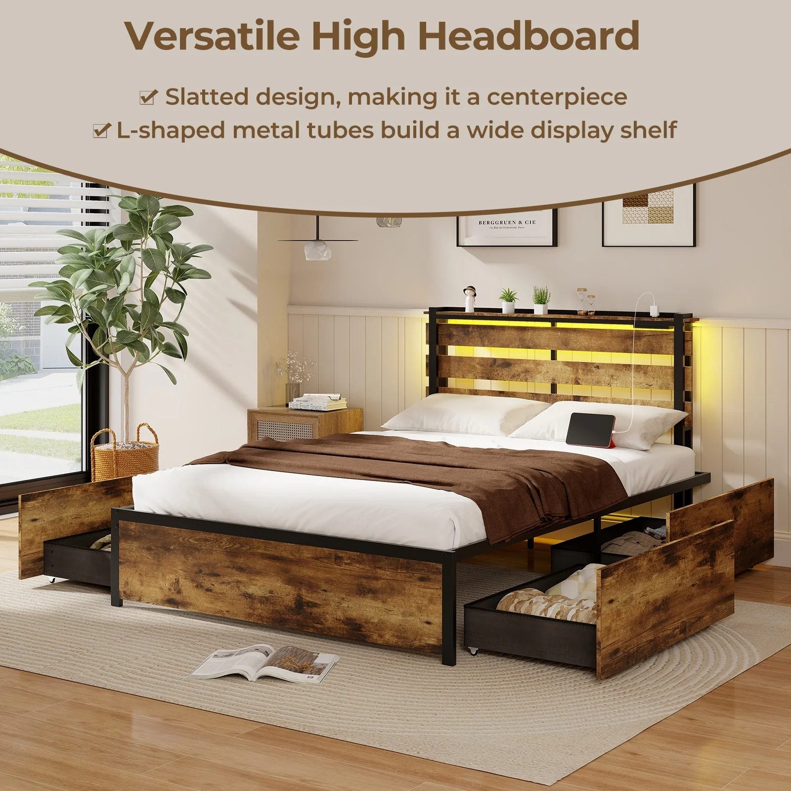 Full Size Bed Frame With Drawers, LED Lights, USB Ports - Image 7