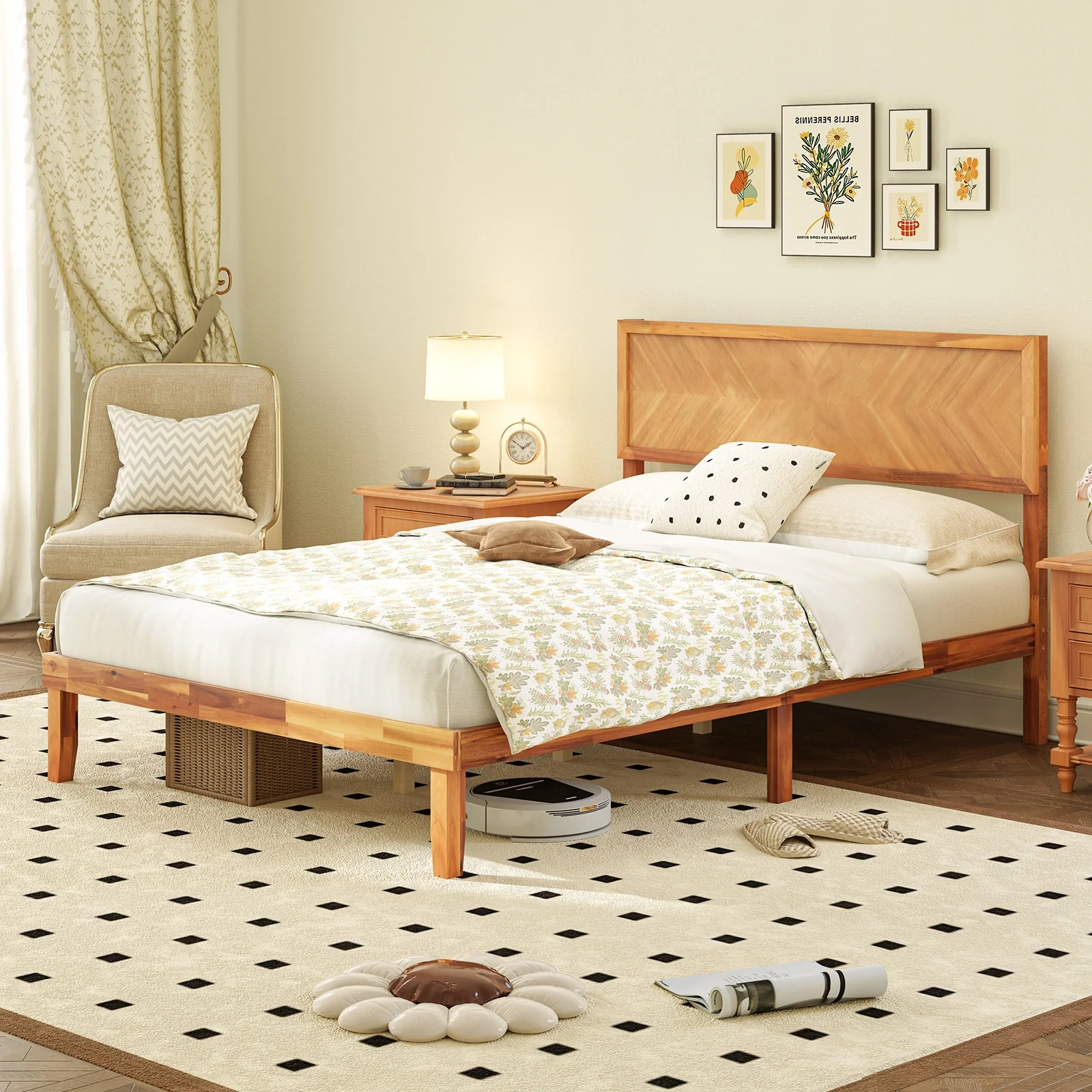 Full Size Bed Frame With Headboard And Storage, Natural - Image 2