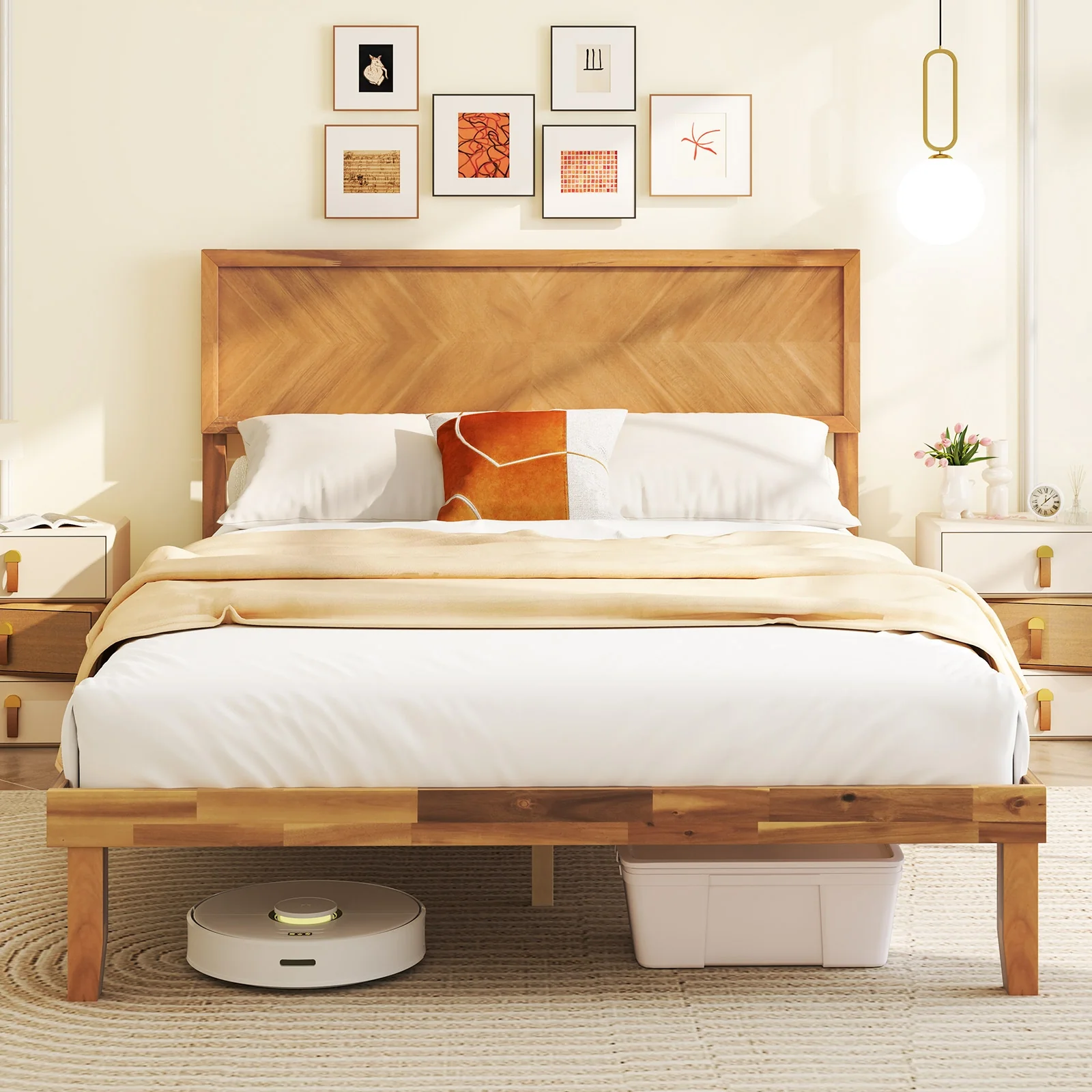 Full Size Bed Frame With Headboard And Storage, Natural - Image 3