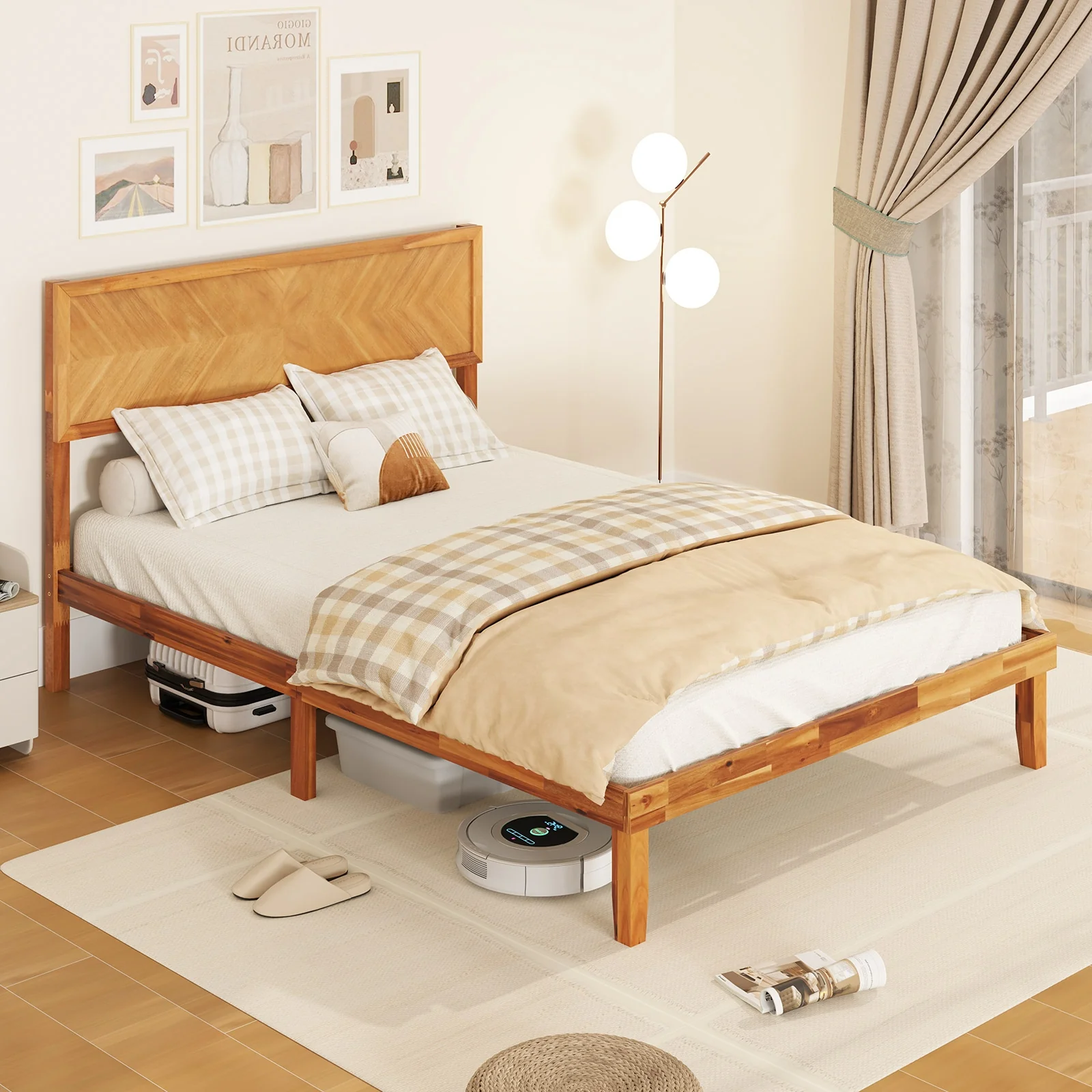 Full Size Bed Frame With Headboard And Storage, Natural - Image 6