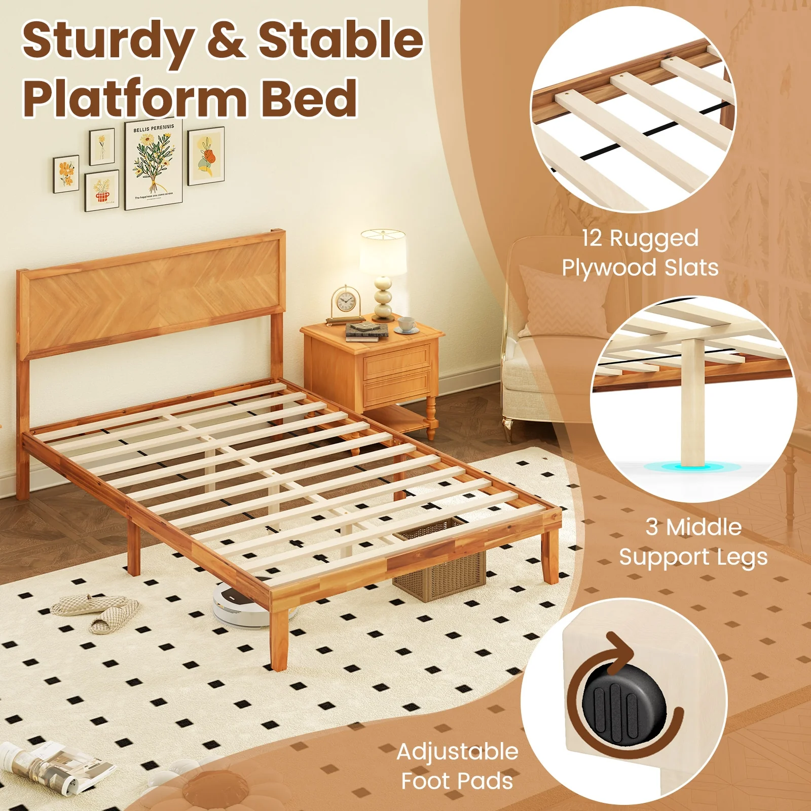 Full Size Bed Frame With Headboard And Storage, Natural - Image 7