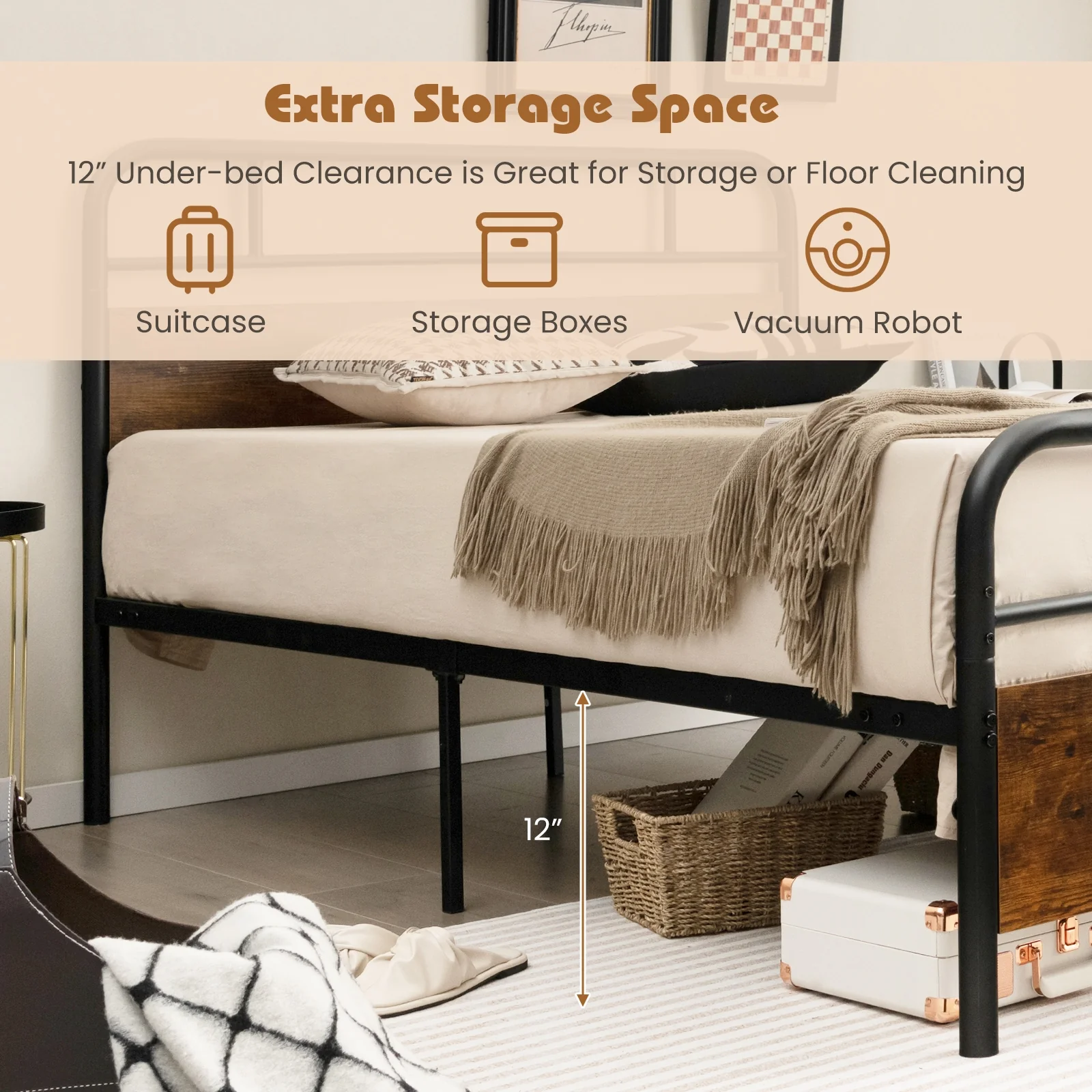 Full Size Bed Frame With Industrial Headboard, Black - Image 10