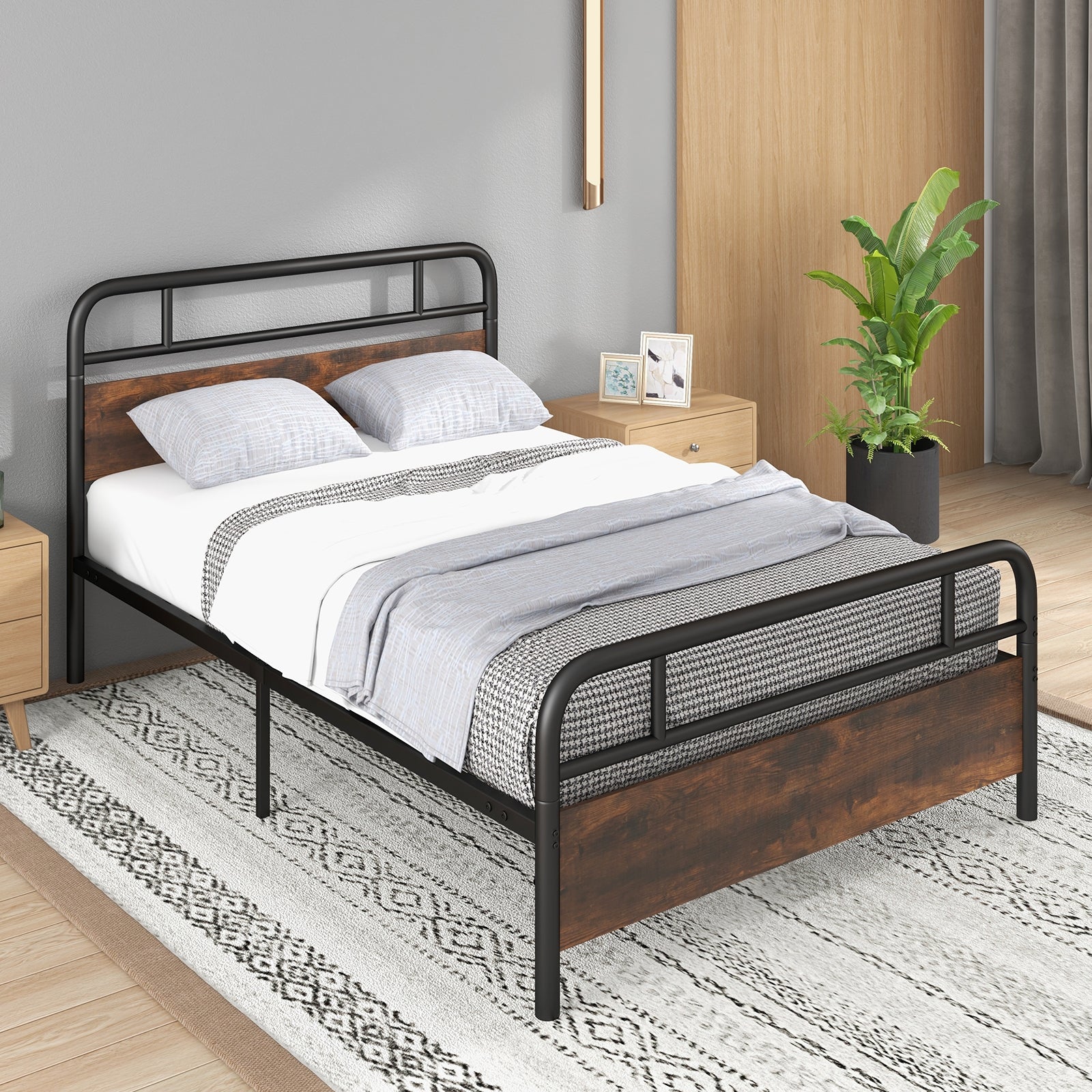Full Size Bed Frame With Industrial Headboard, Black - Image 2