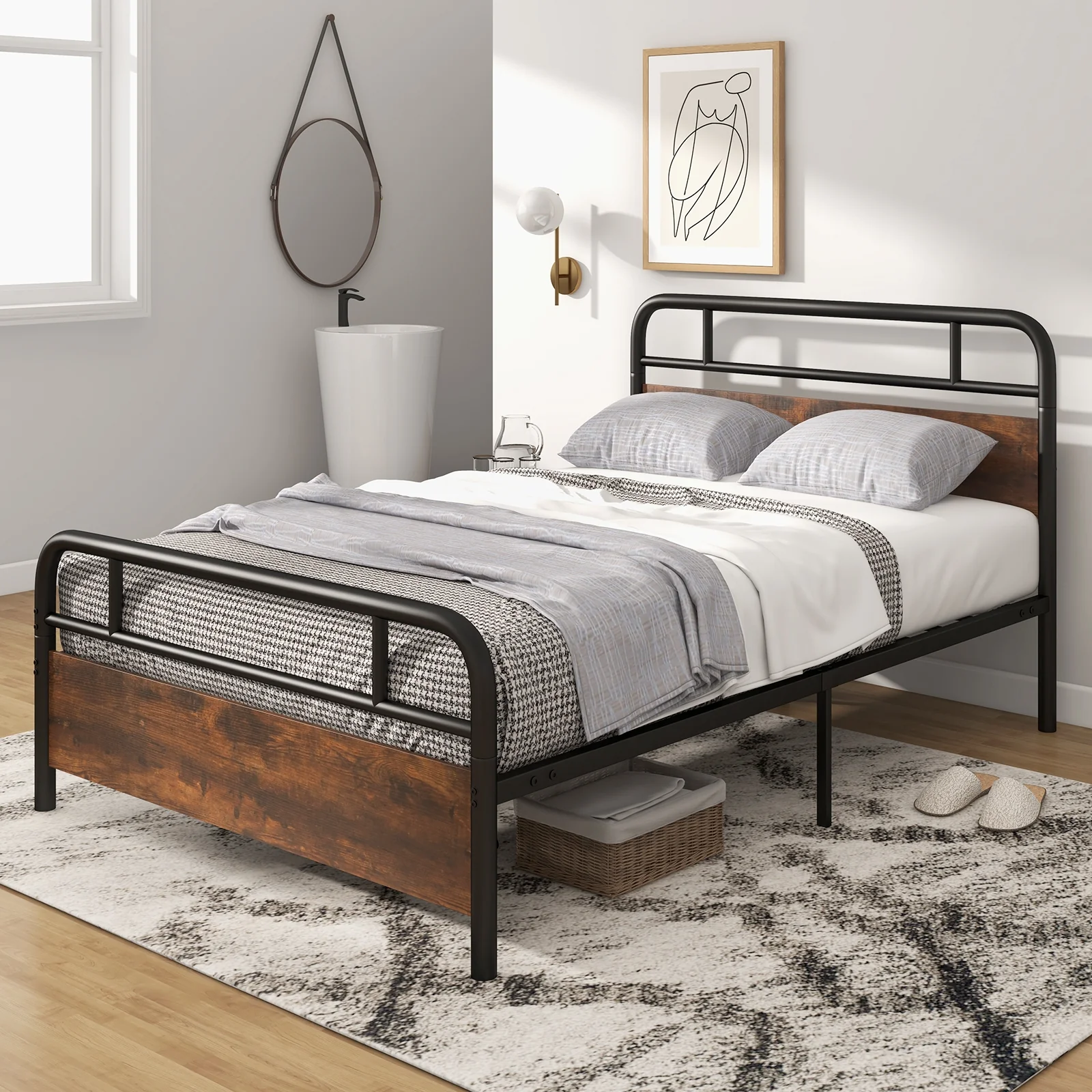 Full Size Bed Frame With Industrial Headboard, Black - Image 3