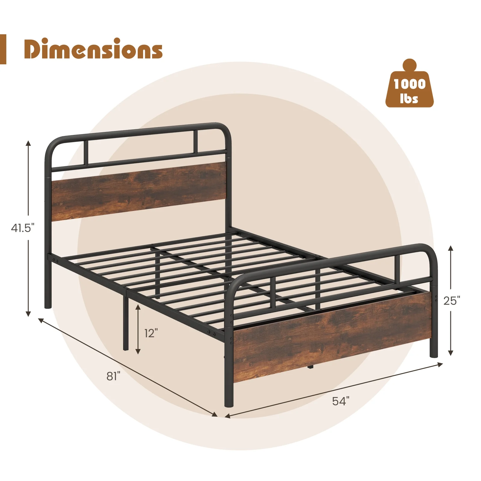 Full Size Bed Frame With Industrial Headboard, Black - Image 6