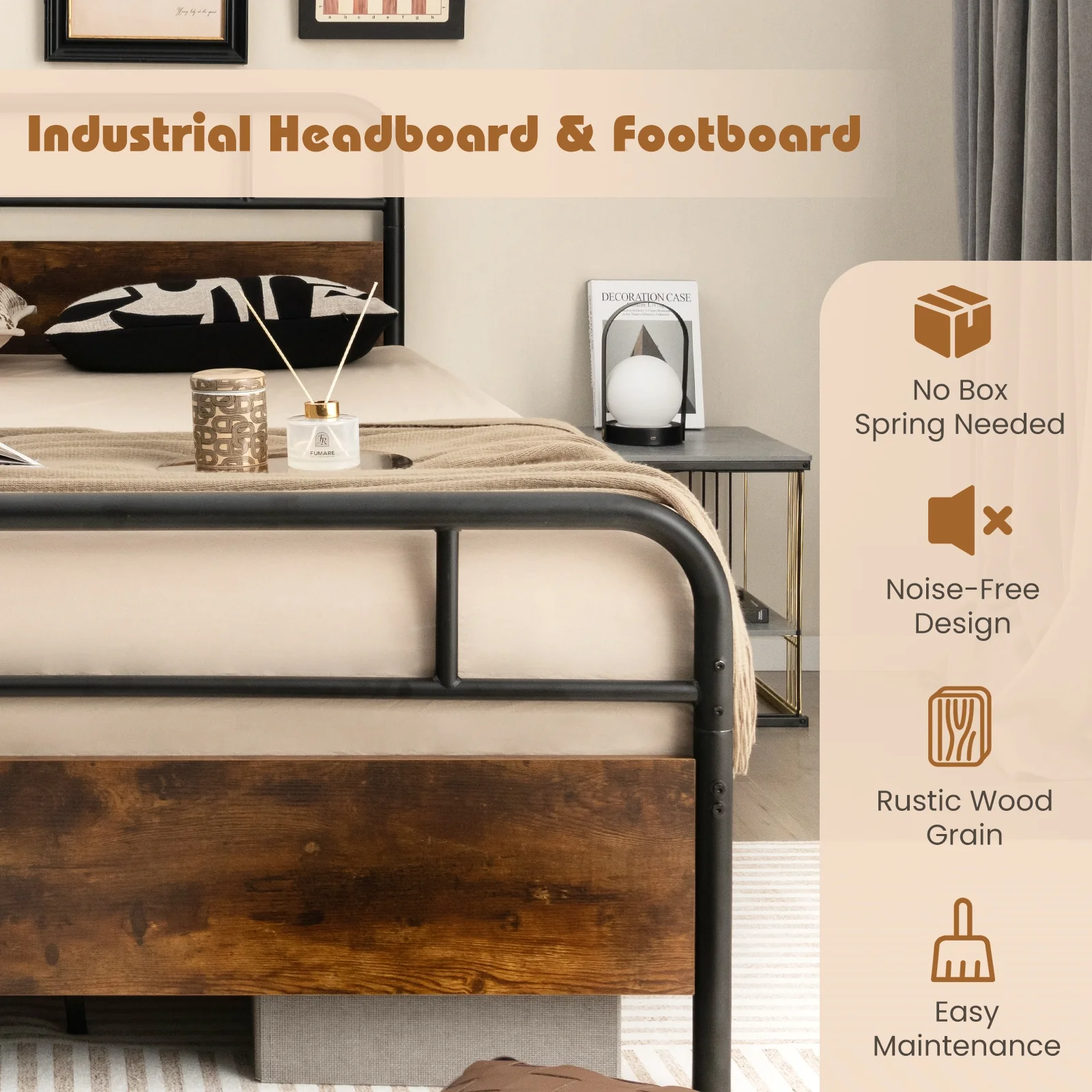 Full Size Bed Frame With Industrial Headboard, Black - Image 8